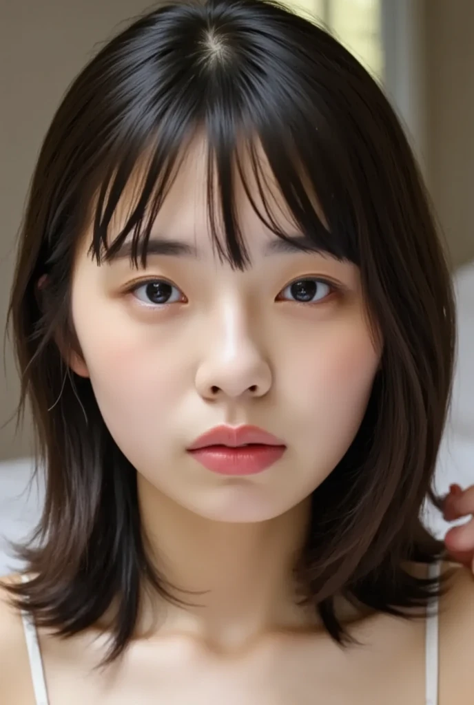 (( Best Quality )), ((masterpiece)), ( details),     Japanese,   first person view   ,one girl on her back,    Voluptuous women,   sexy,(  in the bedroom),(((   abnormally large breasts  , sexyな下着, short bob hair))),  black hair with a young pattern  , ((       without makeup,  small eyes))