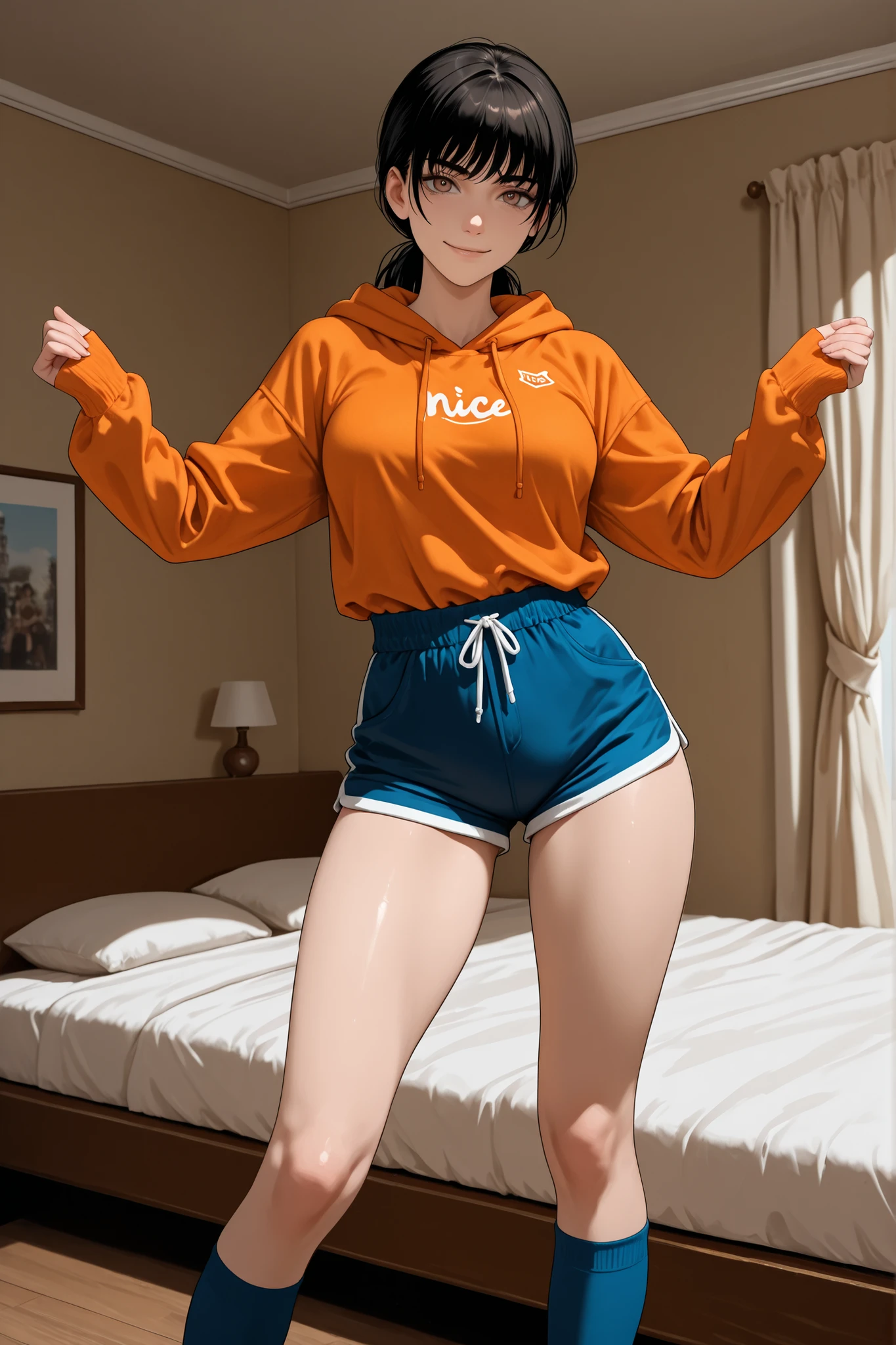 1 girl, Mitaka Asa, long hair, low ponytail, brown eyes, beautiful eyes, orange sweatshirt, hood down, drawstring, long sleeves, blue short shorts, high socks, garters, medium breasts, standing, sexy body, nice arms, nice legs, in bedroom, confident expression, smiling, looking at viewer, sensual pose, very attractive, sexy