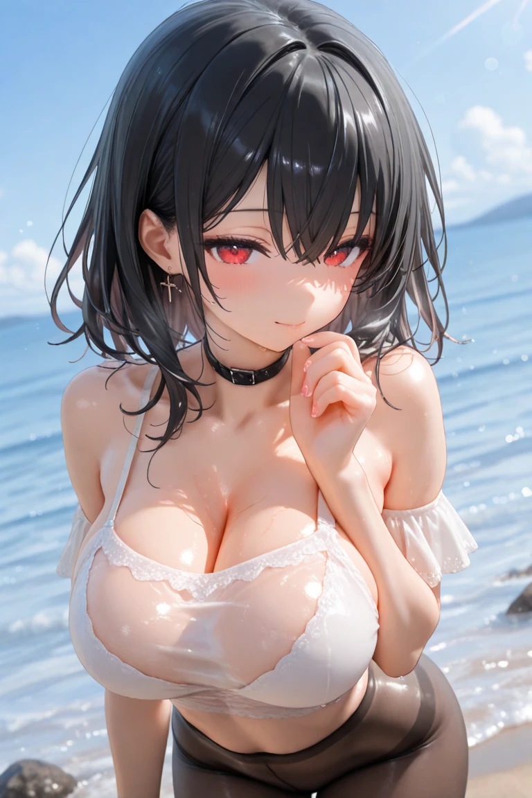 (perfect face, perfect eyes, perfect body), (high-resolution:1.2), (ultra detailed), ((best quality)), 8k, raw photo, ((masterpiece)), perfect female anatomy, exquisite facial details, perfect proportion, 1girl), adddetail, night, (rainy weather), (wet body), [moon, lanterns, stairs], perfect lightning, nipples, perfecteyes eyes, bukkake, lots of cum, bukkake, facial, 1boy, big realistic penises, big penises,,excessive cum, cumdrip, latex top, (POV from above), crouching, lying on the sand, beautiful beach on the background , nipple pulling, red blush,megumin, short_hair, brown_hair, red eyes,