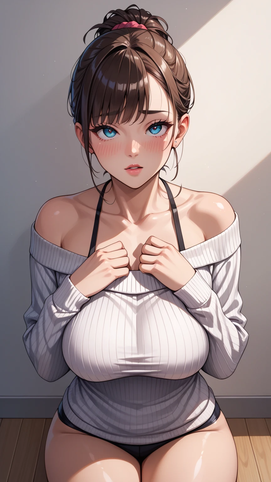 (1980s anime), beautiful female, perfect eyes, detailed eyes, short hair, (cleavage), (((close-up))), (from side:1.4), POV, (from below), kneeling towards the viewer, down blouse, huge breasts, (skindentation:1.4), showing cleavage, absurdes, extremely detailed face and eyes, beautiful shadow and lighting