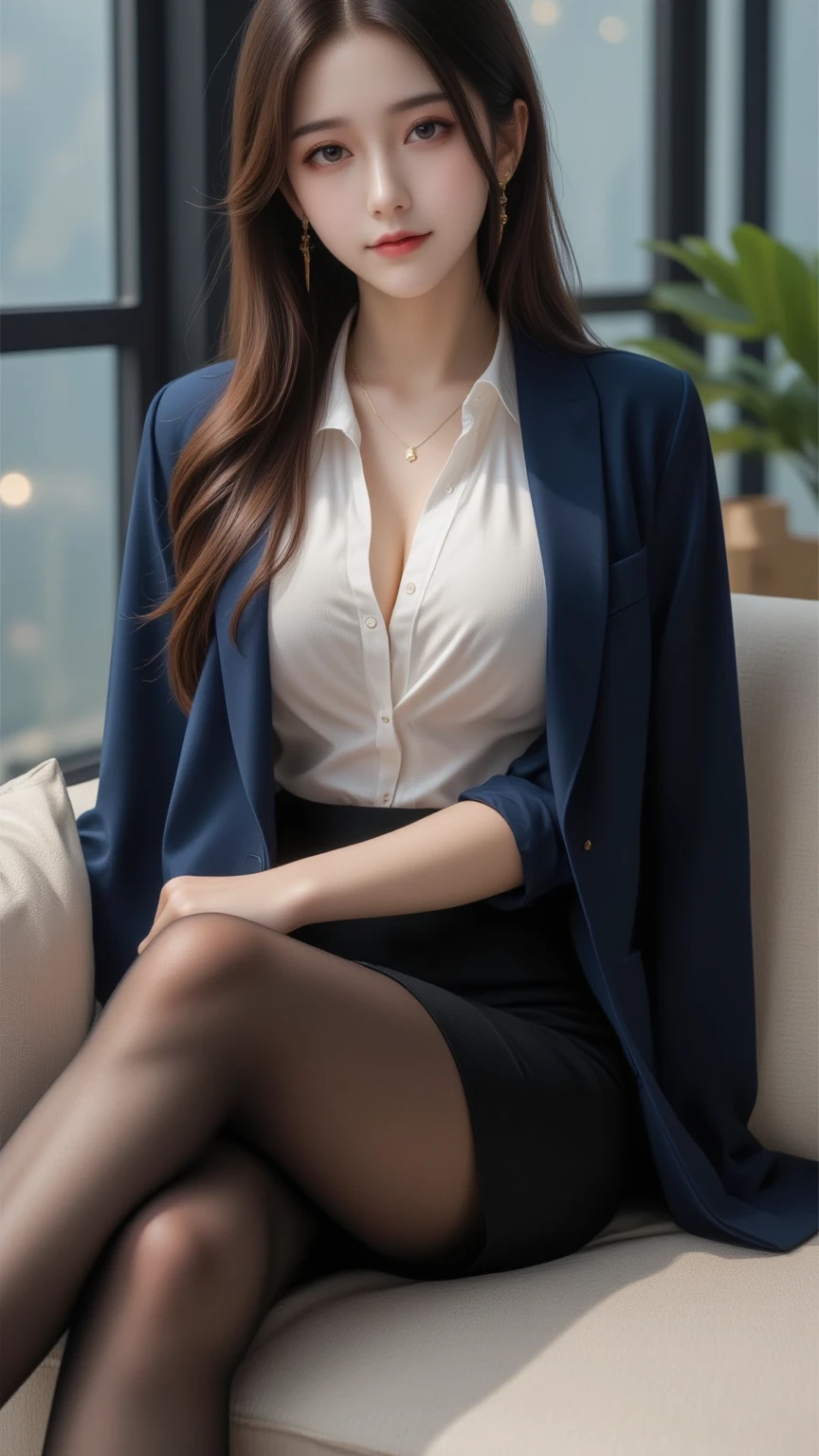 the most beautiful face of a 18 year old actress, perfect propotions of a female body, blazer is worn on shirt, vagina with two pairs of labia between opened legs, sitting on a desk chair in office, nsfw, best quality, highly detailed, masterpiece, ultra high res, photo realistic, 8k