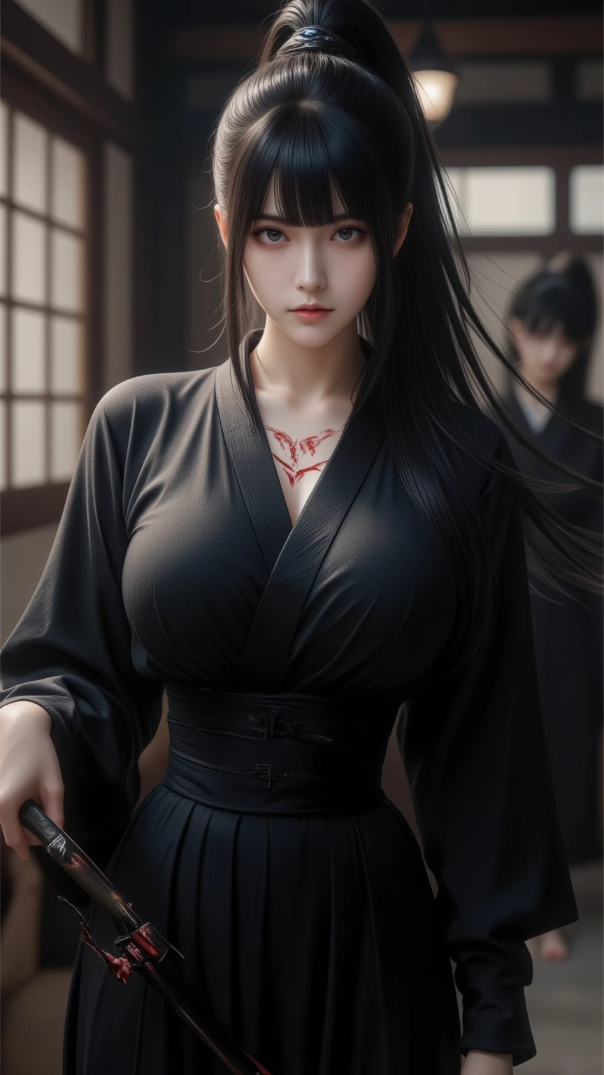 a beautiful 25 years old Japanese female vampire with ponytail black hair, pale skin, serious looking, wearing a assassin outfit, waist up shot, dynamic pose, ambient lighting, photo realism, intricate face detail, intricate hand details, highly detailed, vibrant colors, cinematic, high definition, trending on Artstation--style raw