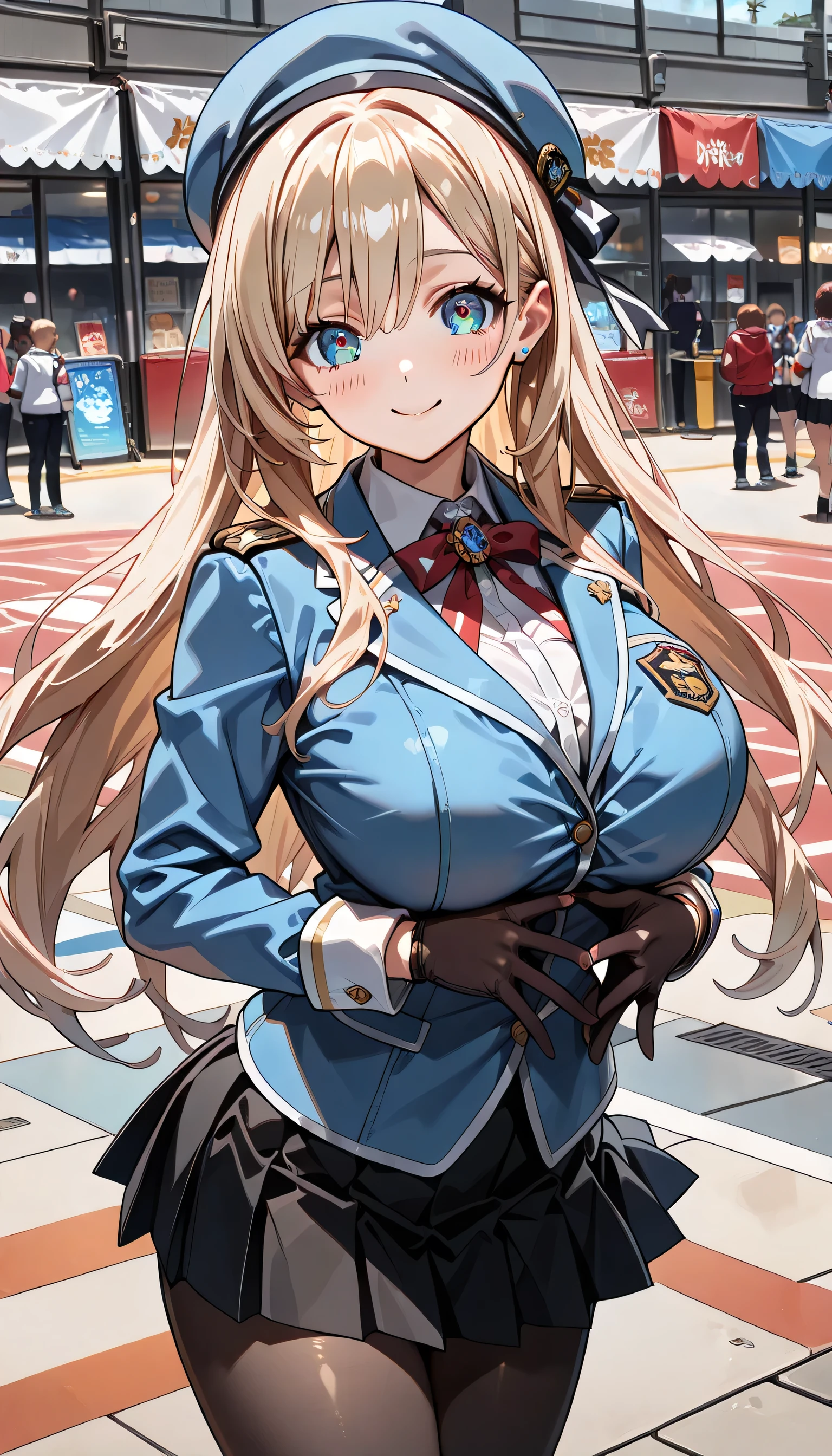 ((ultra-detailed)), (highly detailed CG illustration), (best quality:1.2), ultra-highly detailed, colorful composition, artistic photoshoot, 1girl, solo focus, ((upper body:1.3)), moe anime character, girl, dainty facial structure, (baby face), (round face), ((rounded chin:1.2)), ((ideal ratio body proportions)), atagokc, blonde, green eyes, long hair, bangs, hair between eyes, big breasts, blue hat, beret, thick thighs atagodefkc, blue military uniform skirt, ascott, blue jacket, black skirt, maxi skirt, black pantyhose, blue shoes, black gloves, ((smile)), ((blush:1.3)), ((standing on the President's Office:1.3)), from front, dynamic pose, contrapposto pose, best quality, expecting, pink cheek, blush, light pink gloss slip, portrait, depth of field, sparkling sunlight, lighting, backlighting, (shine), lighting, caustics, ray tracing, perfect face, lustrous skin, highly detailed face, highly detailed eyes, perfect face, perfect nose, perfect hair, perfect eyes, perfect anatomy, beautiful hair, beautiful small face, extremely detailed face, beautiful detailed eyes, beautiful clavicle, beautiful body, beautiful huge breasts, leavage, breasts squeezed together, equalize the size of the left and right breasts, beautiful thin thighs, beautiful legs, beautiful fingers, ((4 fingers)), 1 thumb, lovely, (very detailed background:1.0), (highly detailed background:1.0), summer aesthetic, intricate details, festival atmosphere, summer colors palette, chromatic aberration