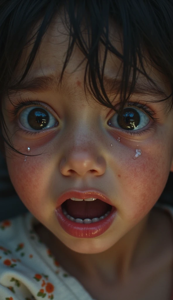 A 7 year old girl, Brunetette, with short brown hair and big eyes, shrinks as some boys surround her, laughing and teasing. She tries to hold back the tears, visibly scared.
