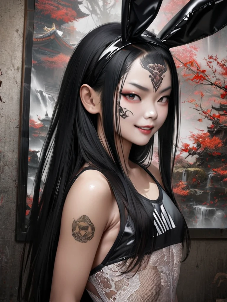 (photorealism:1.2), japanese shamaness young beautiful cute woman black long hair ritual make up, traditional garments, outside nature tattoos historical Japan