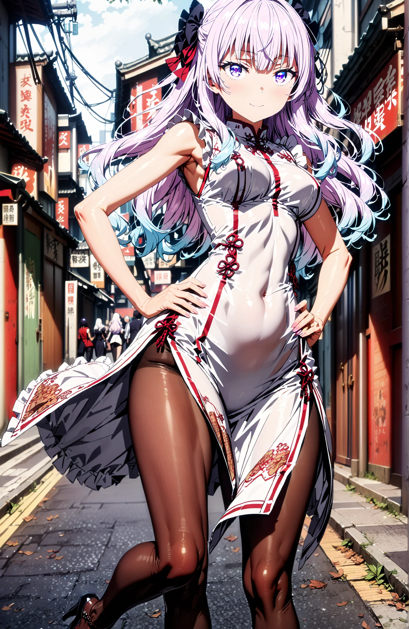 Sakayanagi Alice, long hair, solo,bungs, PURPLE EYES, white hair, blunt bungs,White Chinese clothing,long slit,sleeveless,black pantyhose,pin heels,standing,Grab your hips with your right hand,smile,blush,mouth,angle from below,full bodyがイラストに入るように,in their 40s looking at viewer,full body,
in their 40s outdoors,Chinatown,
in their 40s (masterpiece:1.2), best quality, high resolution, Unity 8Kの壁紙, ( illustration :0.8), (beautiful detailed eyes:1.6), Highly detailed faces, perfect lighting, very detailed CG, (perfect hand in h, perfect anatomy),