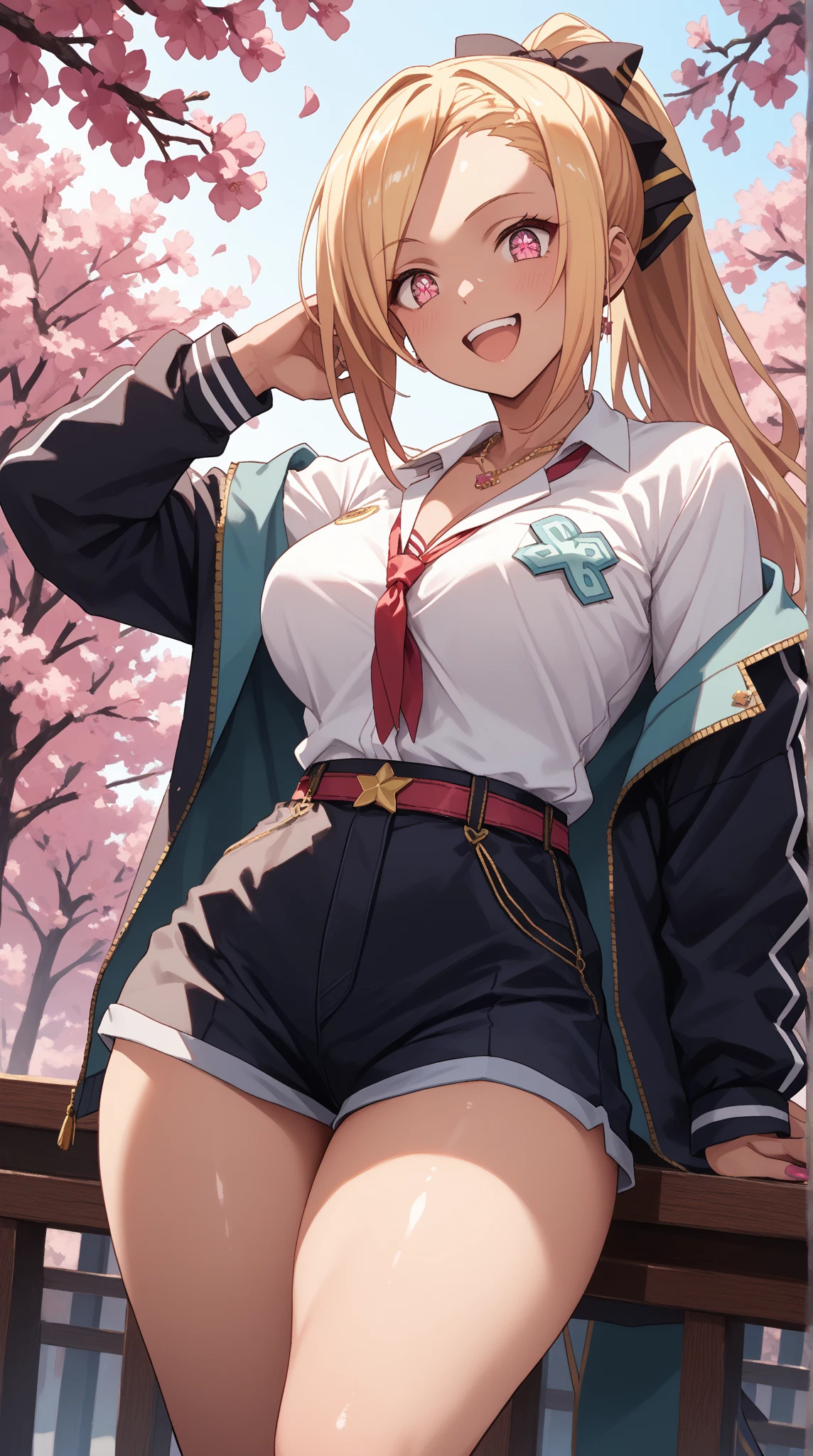 (looking at viewer:1.1),Smile,solo,slim,
<lora:(飿ä¹é)èåæ æ¢¨å¥é¢¨æ ¼.nakiri_erina_v1:0.7>,
aaerina,(purple eyes:1.2),long hair,blonde hair,hair between eyes,(large breasts:1.1),
red bow,striped bow,blazer,blue jacket,long sleeves,black thighhighs,
(orgasm),blush,navel,(midriff),belt,panties,denim shorts,(fingering),(female masturbation),(open fly),standing,hand under clothes,(hand in panties),cowboy shot,from below,
(outdoors),forest,