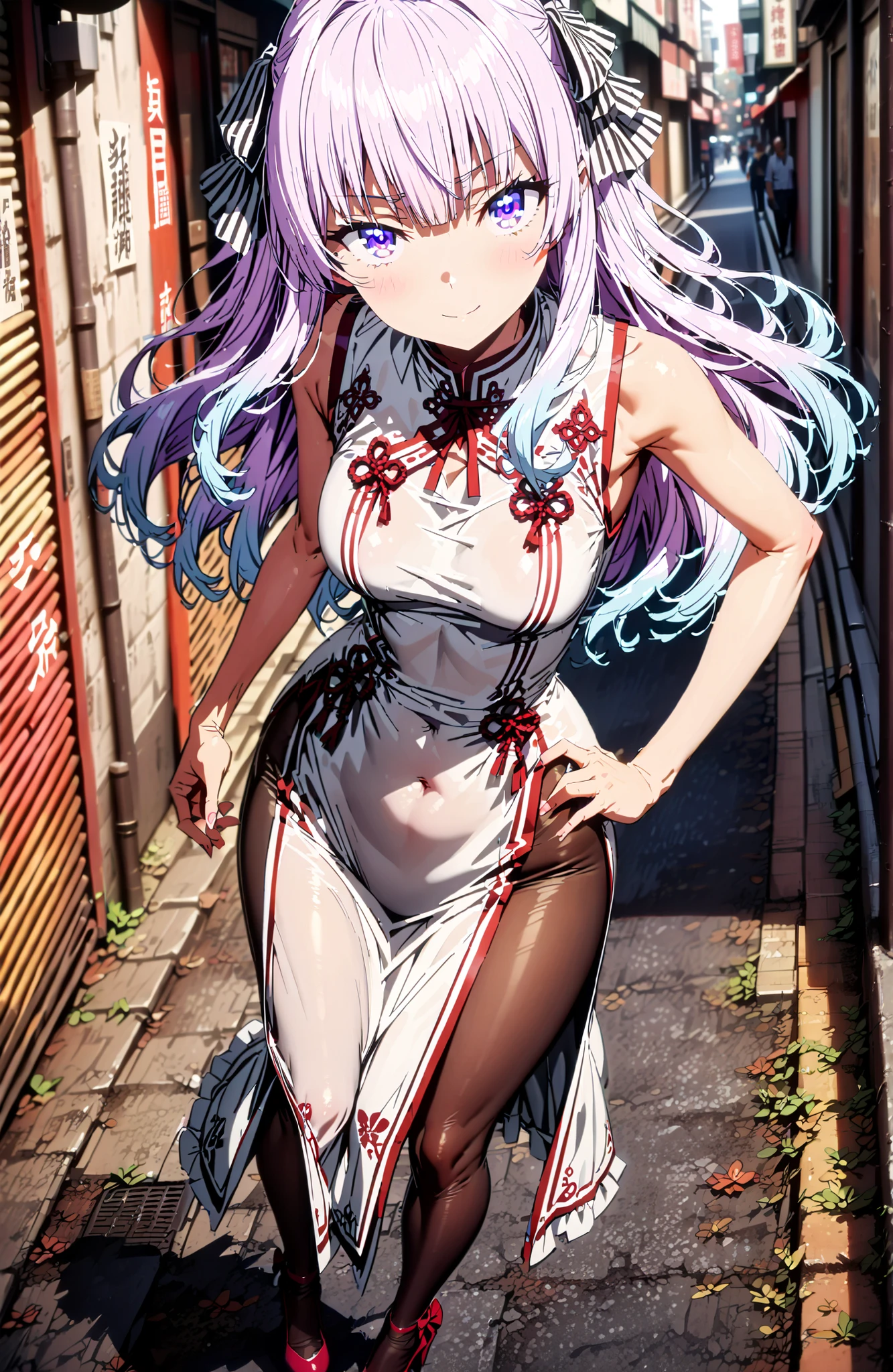 Sakayanagi Alice, long hair, solo,bungs, PURPLE EYES, white hair, blunt bungs,White Chinese clothing,long slit,sleeveless,black pantyhose,pin heels,standing,Grab your hips with your right hand,smile,blush,mouth,angle from below,full bodyがイラストに入るように,in their 40s looking at viewer,full body,
in their 40s outdoors,Chinatown,
in their 40s (masterpiece:1.2), best quality, high resolution, Unity 8Kの壁紙, ( illustration :0.8), (beautiful detailed eyes:1.6), Highly detailed faces, perfect lighting, very detailed CG, (perfect hand in h, perfect anatomy),