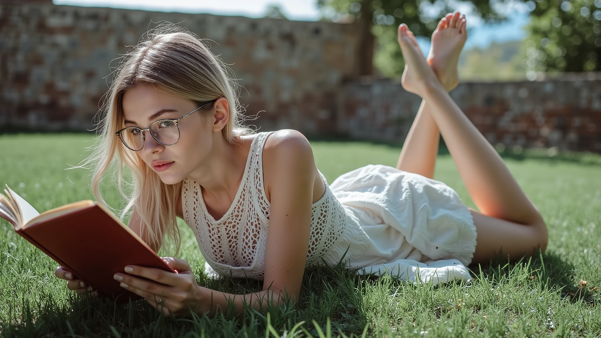 High quality and high definition photo. Young slender nice European woman in short laced white skirt with nice opened grey eyes, 19 YO. Picture of cute young woman laying on the grass reading a book, with glasses, girl with glasses, lying on the grass, laying down in the grass, stretching her legs on the grass, in the grass, laying on the ground, on a green lawn, girl wearing round glasses, laying down, in a grassy field, cute young woman, with glasses on, with square glasses