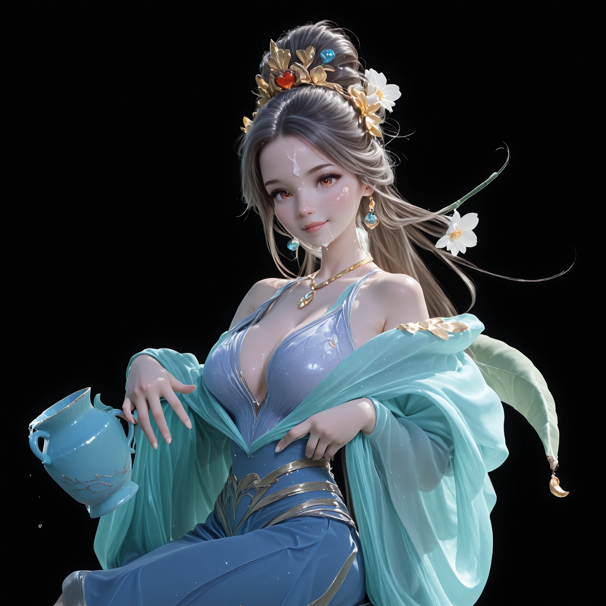Chinese myths and tales，voyage，Jade carvings，The artwork，light，cleanness，glow effect，White Jade Woman Doll，White jade，full body Esbian，Soio, Female Doll，Clean face、A detailed face、爆乳、Big, Toned buttocks，clong legs、puff，Up-close，Sharp Focus，best qualtiy，8K分辨率，tmasterpiece，Works of masters，(Dynamic Pose:0.6),