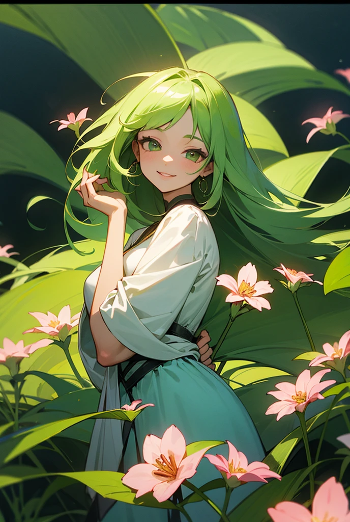 tender, linda, long green hair, Beautiful smile, flower field, Floral paradise