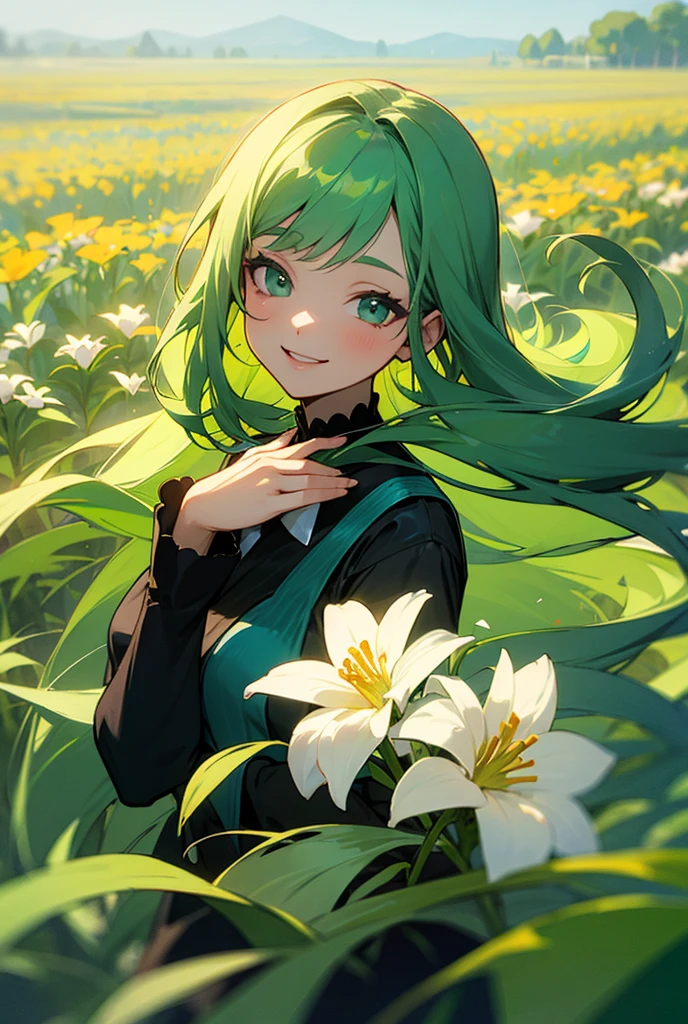 tender, linda, long green hair, Beautiful smile, flower field, Floral paradise