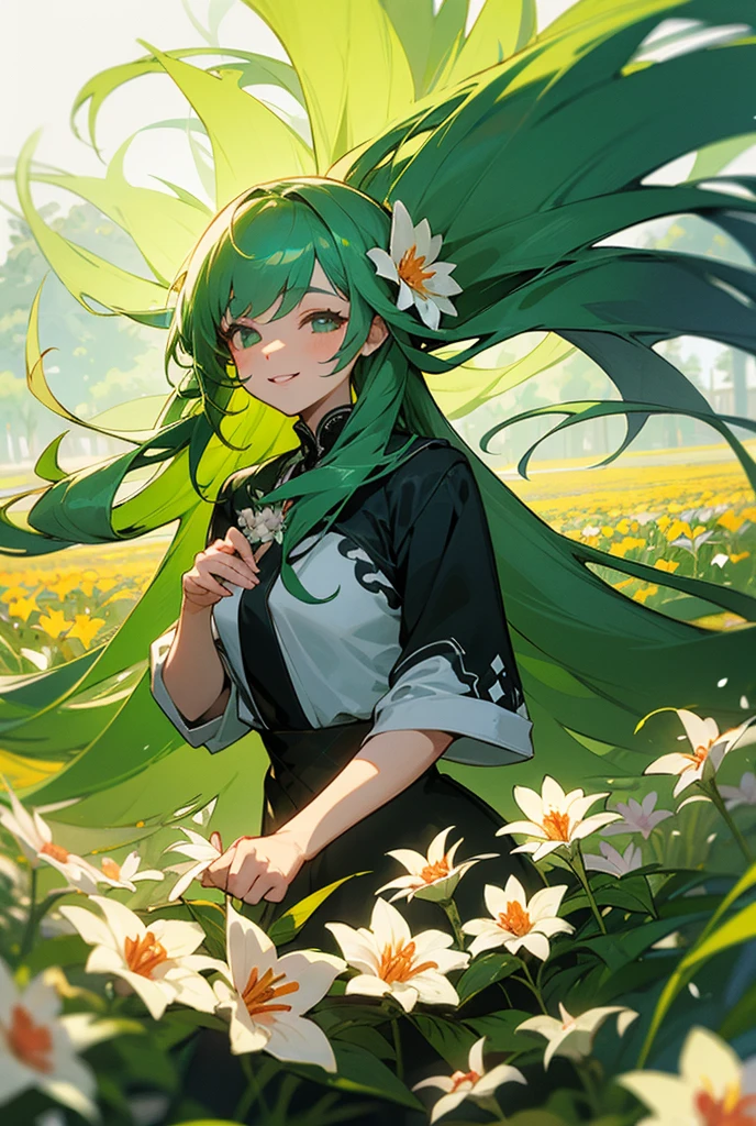 tender, linda, long green hair, Beautiful smile, flower field, Floral paradise