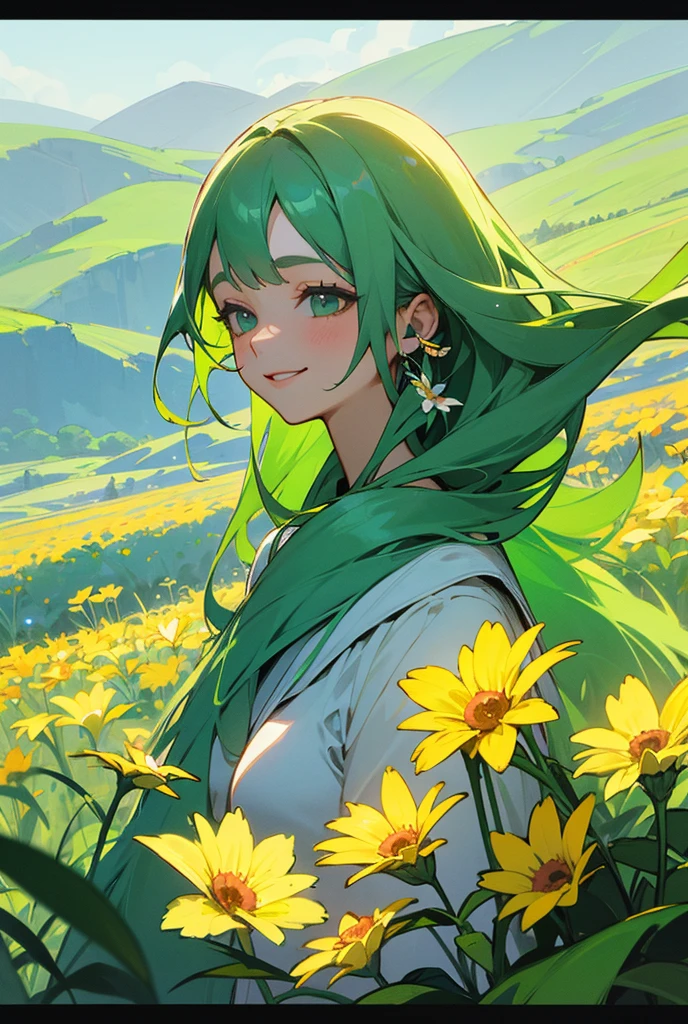 tender, linda, long green hair, Beautiful smile, flower field, Floral paradise