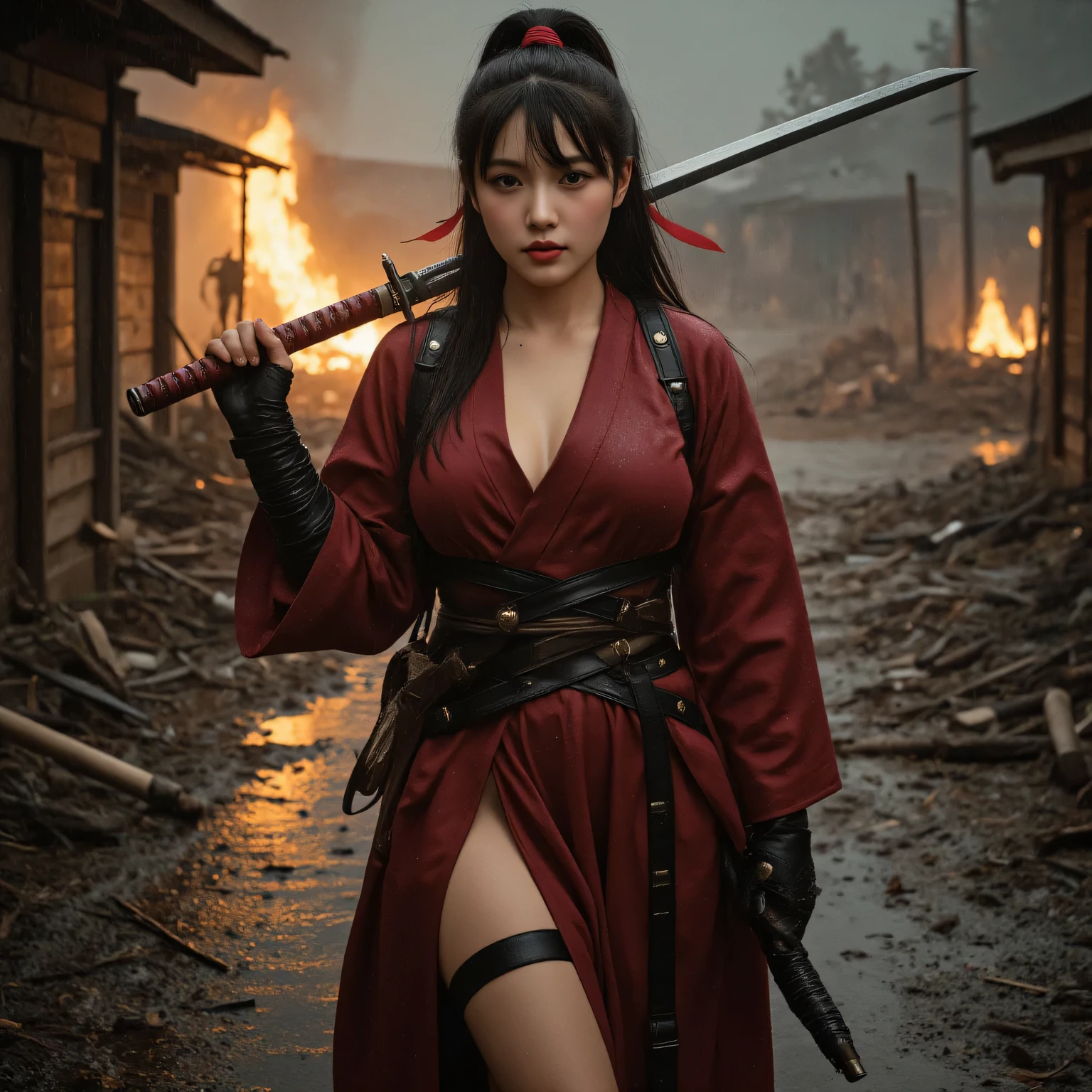A hyper-realistic photo of a fierce and stunning Asian female warrior standing in the center of a rain-soaked battlefield at night, surrounded by a burning village in the distance. The scene is cinematic, with glowing embers drifting through the air, fires raging in the background, and destroyed wooden buildings barely visible in the mist. She wears a deep crimson battle kimono with strategic slits and black leather straps, revealing her thigh and battle-ready form. Her high ponytail whips in the wind, secured with flowing red ribbons. She confidently rests a massive katana across her shoulder with one hand, while another katana is strapped to her hip. Her eyes are intense and unwavering, framed by rain-slicked strands of hair. Her armored gauntlets glisten with raindrops and reflect the firelight. The wider view reveals scattered weapons, fallen debris, and smoldering ruins around her, all blurred slightly with a shallow depth of field. Shot with a DSLR camera using an 85mm lens at f/1.4, the image features dramatic lighting and realistic skin texture, blending cinematic visuals with raw emotion. The expanded background adds scale and immersion to the powerful, war-torn atmosphere.

