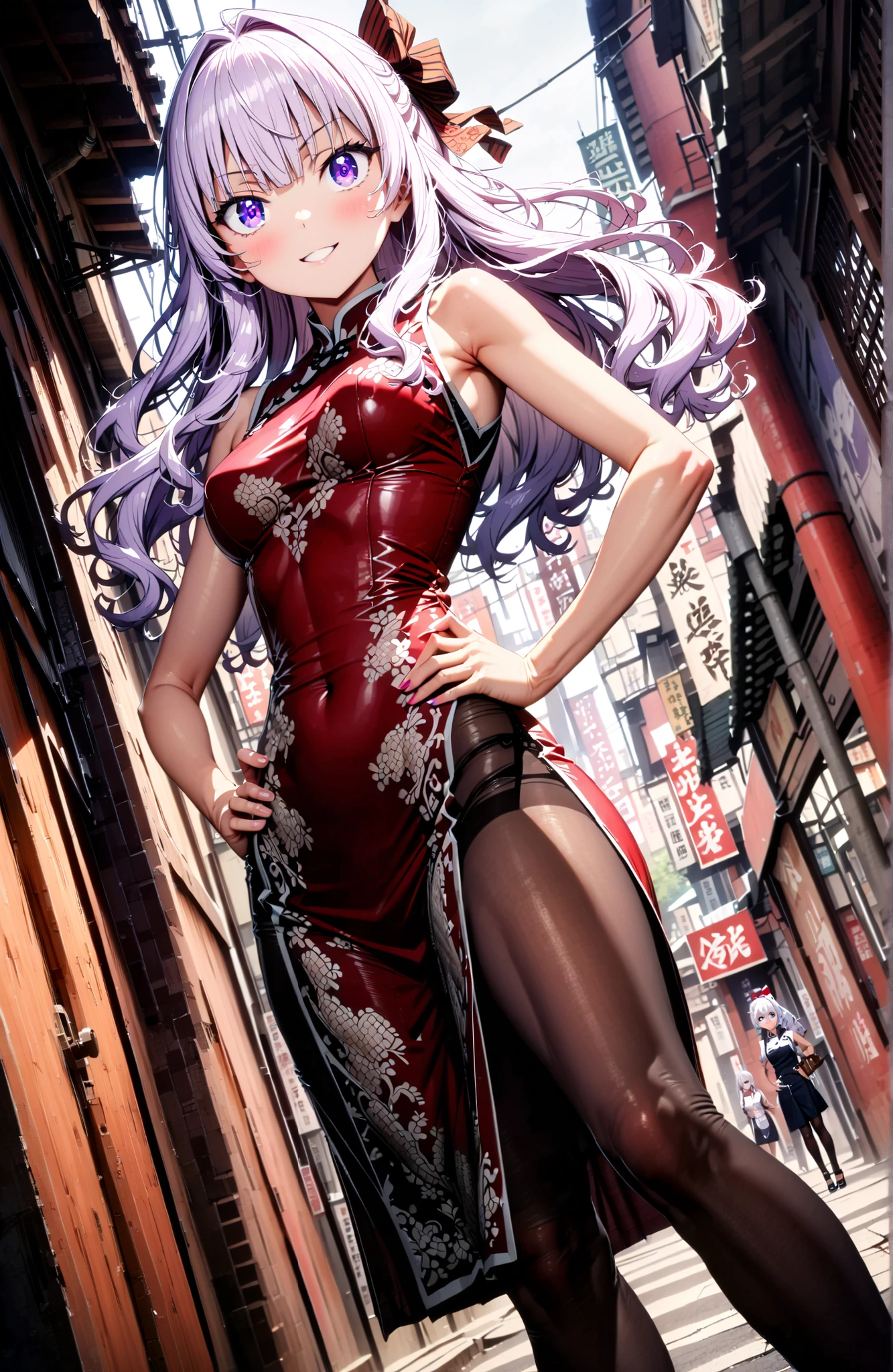 Sakayanagi Alice, long hair, solo,bungs, PURPLE EYES, white hair, blunt bungs,White Chinese clothing,long slit,sleeveless,black pantyhose,pin heels,standing,Grab your hips with your right hand,smile,blush,mouth,angle from below,full bodyがイラストに入るように,in their 40s looking at viewer,full body,
in their 40s outdoors,Chinatown,
in their 40s (masterpiece:1.2), best quality, high resolution, Unity 8Kの壁紙, ( illustration :0.8), (beautiful detailed eyes:1.6), Highly detailed faces, perfect lighting, very detailed CG, (perfect hand in h, perfect anatomy),