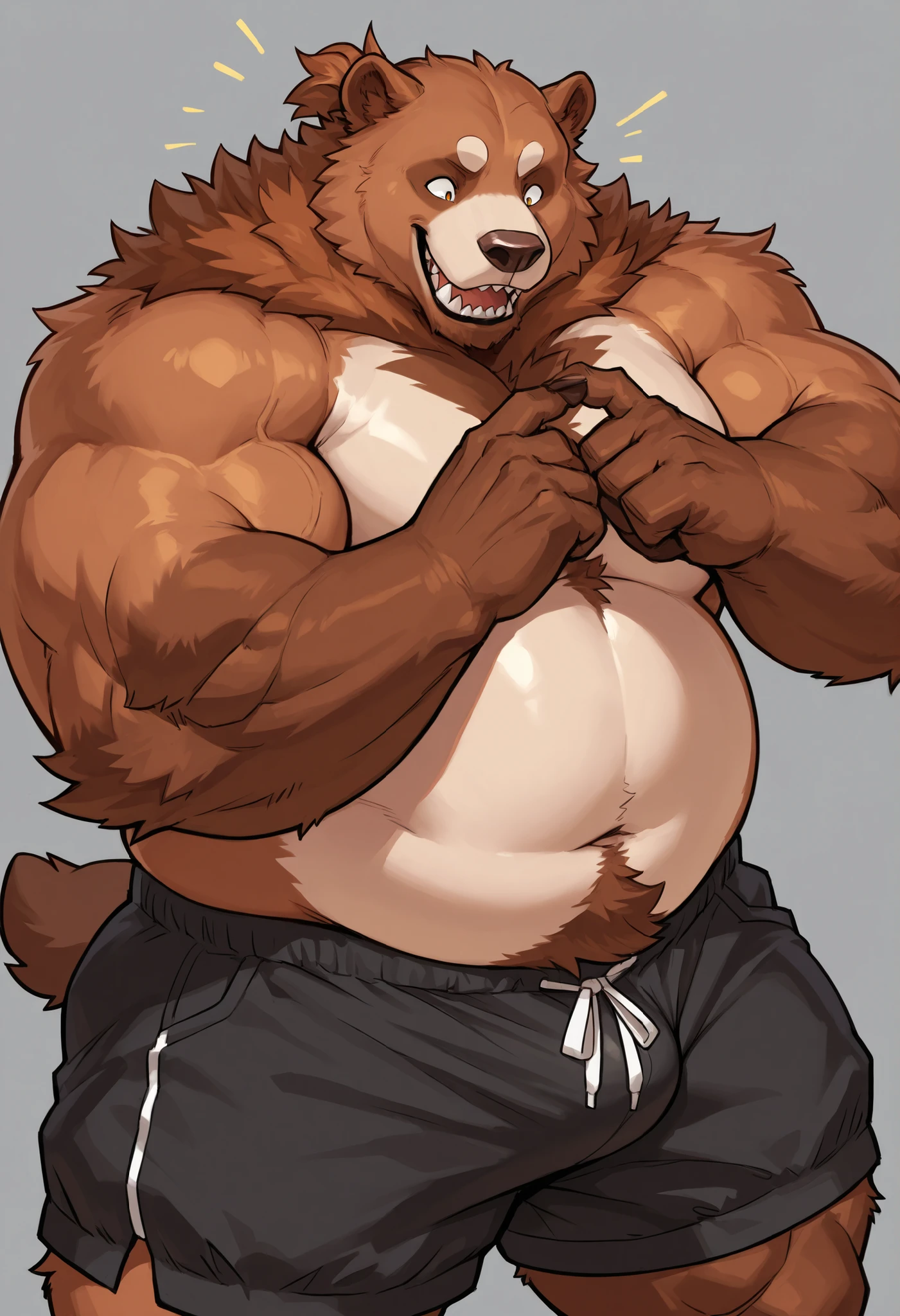 solo, 1boy, Huge Muscular Old Grizzly Bear wearing glasses , pectoral, huge pectoral, wide pectoral, short white hair, short pants and shirtless topless, bearded, Mustache, simple background, masterpiece, high detailed, 8k, high resolution, at the gym, posing, flexes huge muscles, background gym