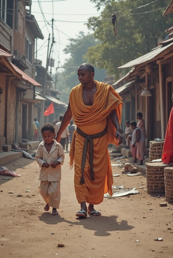 Pramukh Swami, cinematic portrait photo of a very interesting Pramukh Swami Wearing the saffron robes of a monk, Saffron clothes, Rudraksha beads, oblong water pot in hand (Kamandal), rudraksha in hand, walking in street of Banaras, eyes close up, highly detailed vfx portrait, taken with a full frame camera with a wild lens,