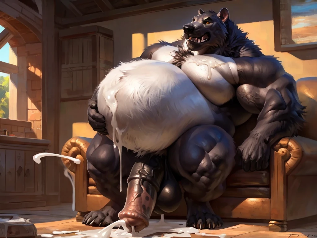 An unusually gargantuan anthropoid growing into immense body height in a small shower enclosure with small space around him, its hunched body filling the thight and small space around, its immense size allows him to push the ceiling floor, its huge and round belly is dominant; animal genitalia, animal penis, anthro, balls, big flare, black body, black fur, bodily fluids, black balls, black penis, cum, cumshot, deep fossa, equine genitalia, equine penis, long equine penis, hyper equine penis, unusually long equine penis, erection, flared penis, fur, genital fluids, genitals, horn, hybrid genitalia, hybrid penis, hyper penis, masturbation, penis masturbation, large balls, knot, knotted equine penis, knotted penis,male, masturbation, orgasm, penile, penile masturbation, penis, pink tongue, solo tail, tan penis, tongue, yellow eyes, long cum throbs, excessive cum throbs, thick cum, male,canine, anthropoid, dog, pitbull:1.4, (dark and thick grey and wet fur:1.8, thick furred body, fluffy fur, thick fur, wet fur, naked),( cut ears:1.0), big fluffy furred balls, chubby:1.2, round belly, huge belly, bloated belly, overweight belly, inflated belly, big body, wide and bulky body, immense and bulky body, thick neck and chest, (middle-age), (musclegut:1.4, thick body:1.2), (immense height, immense body height:1.8), (yellow eyes:1.2),detailed black eyes, looking at viewer, tail, ( full body:1.2), growing:1.6, immense grow, overgrown body size, (by darkgem),(by OnePotatoATime),(by adios:1.2),(by taran fiddler),4k,masterpiece,full hd, BREAK