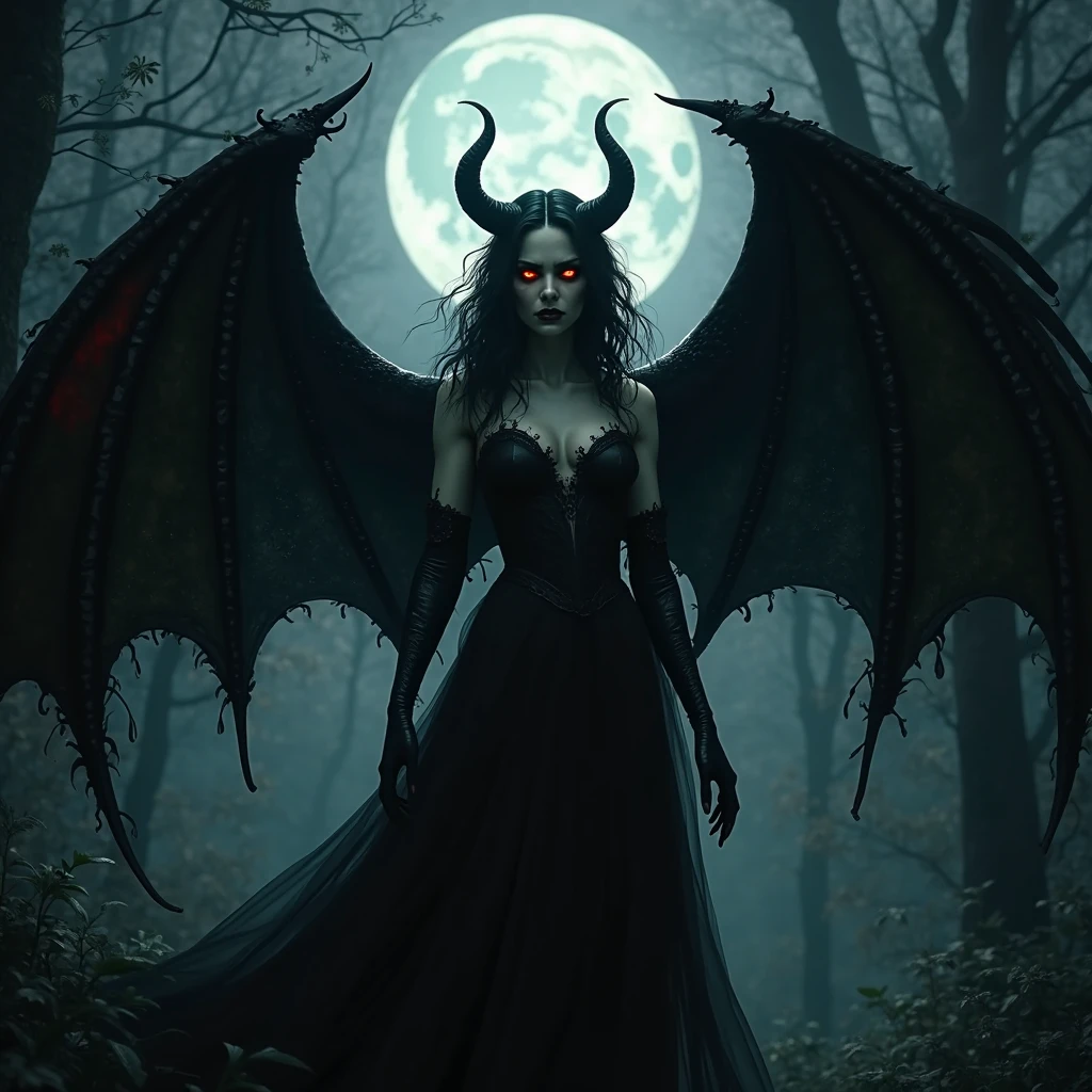 Female Winged Tiefling Vampire Blood Hunter. Shadows in the background. Traveling thru a dark and spooky woods.
