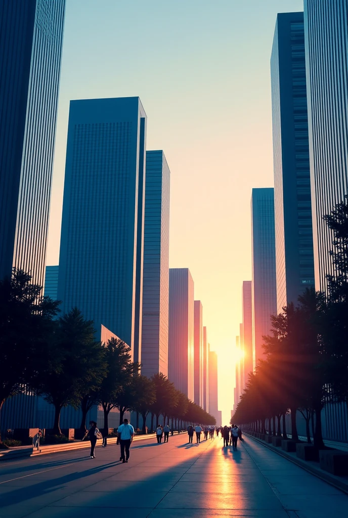 business district, Office buildings, straight lines, distinct angles, cool tones mixed with warm tones of sunsets, (((bauhaus style ))), illustration, Art style, Art .