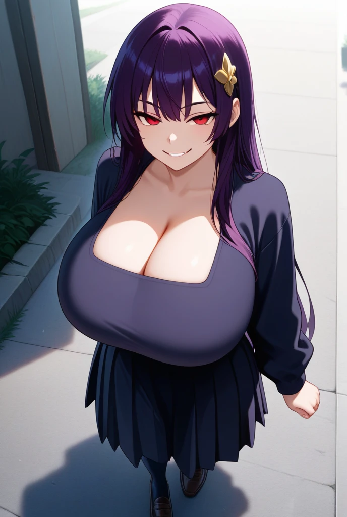 (Headpat POV : 1), purple dress, black skirt, night shibuya street, crowded, Nijou Aki, mature women, takeda hiromitsu style, anime cels style, best quality, high resolution, (gigantic breasts:1.3), cowboy shot, blush, smiling, (purple eyes), blue hair