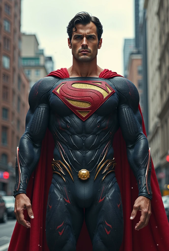 Superman is standing with his emblem symbol with a python annaconda and black theme on his chest, his costume is a black.