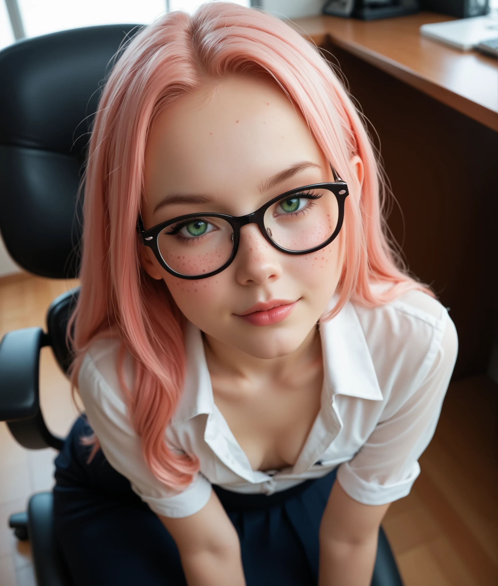 1 girl, , 18 years old, Sakura Haruno, youthful, skinny, tall, long pink hair, long hair, college girl vivid green eyes, small breasts, small waist, small ass, with freckles, with black eyeliner, young looking, cute face, blush, hot body, most beautiful girl ever, full body wide picture, looking deeply at the viewer with a look of innocence yet seductive expression, photo taken with her sitting in an office chair, smart girl, dorky, seductive office assist outfit, revealing most of her legs and almost a bit of her lower ass cheeks, revealing almost all her chest, with a cleavage highlighting the small but attractive breasts, overall clothing highlights even further her attractiveness., wet, from above, very cute, thick frame glasses, ass up, face down