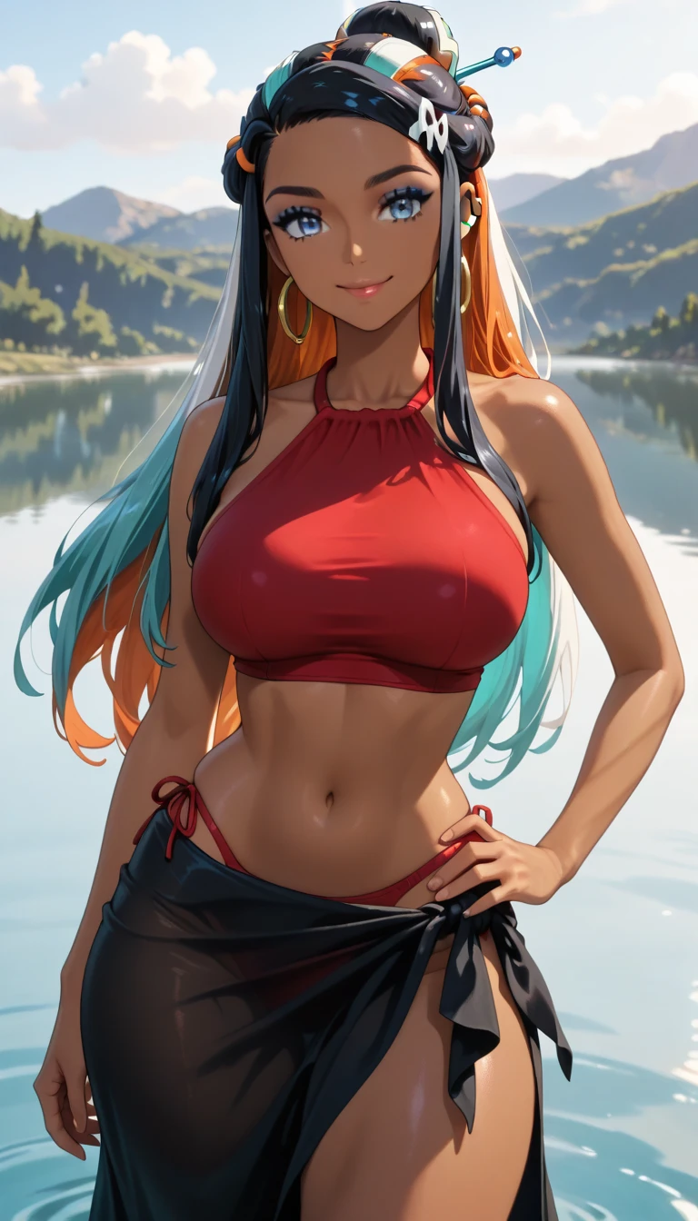 masterpiece, best quality, nessaswim, ((dark skin)), makeup, single hair bun, swimsuit, red crop top, sarong, ocean, wavy hair, wet body, waves, large breasts, underboob