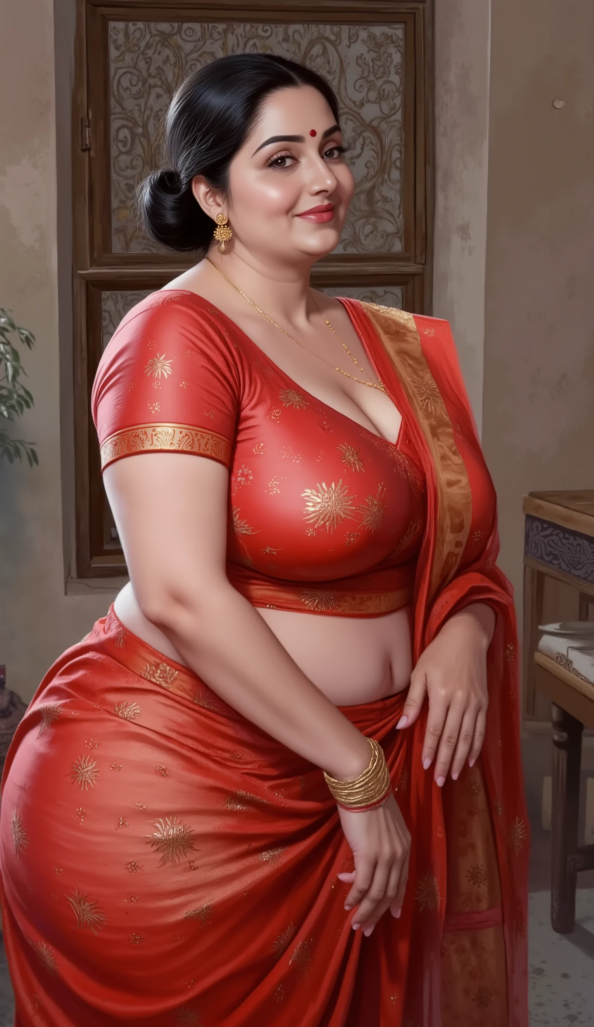 (Centered composition, cinematic lighting, detailed background) — A high-resolution, ultra-detailed painting in the style of renowned Indian artist Manimala. POV, first person view, cowboy shot, The scene shows a graceful, curvaceous Indian woman around 45 years old, looking at the front viewer and at the camera, She wears a red bindi, delicate gold earrings, and a traditional low bun hairstyle with dark, glossy hair parted slightly off-center. The bun is neatly coiled at the nape of the neck, giving an elegant and composed appearance. A few soft, loose strands fall naturally around her temples and cheeks, gently framing her face. The hair has a healthy sheen, appearing well-groomed yet effortlessly graceful, adding a romantic, slightly tousled charm to her traditional look.
, ((best quality)), ((masterpiece)), (detailed), realistic, hot and sexy Indian woman having massive boobies and thick thighs, voluptuous figure, curvy body, wearing frock, wearing short dress, Indian style dress, silk dress , floral design dress, red and gold ornate dress, short hair , full covered body 