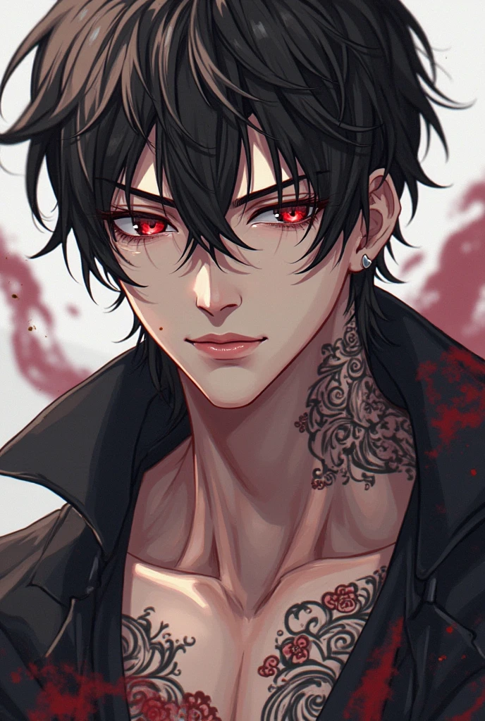 (arte de pixel_1.1) anime - style image of a man in a black jacket, handsome guy in demon slayer art, anime lush john 8k woods, male anime style, handsome japanese demon boy, beautiful androgynous prince, anime handsome man, anime portrait of a handsome man, male anime character, badass anime 8 k, artwork in the style of guweiz, red eyes, mad face, beautiful eye, black hair, tenn boy, one boy, rose tatto on neck, best eyes, qualit eyes, Johnny Depp concept