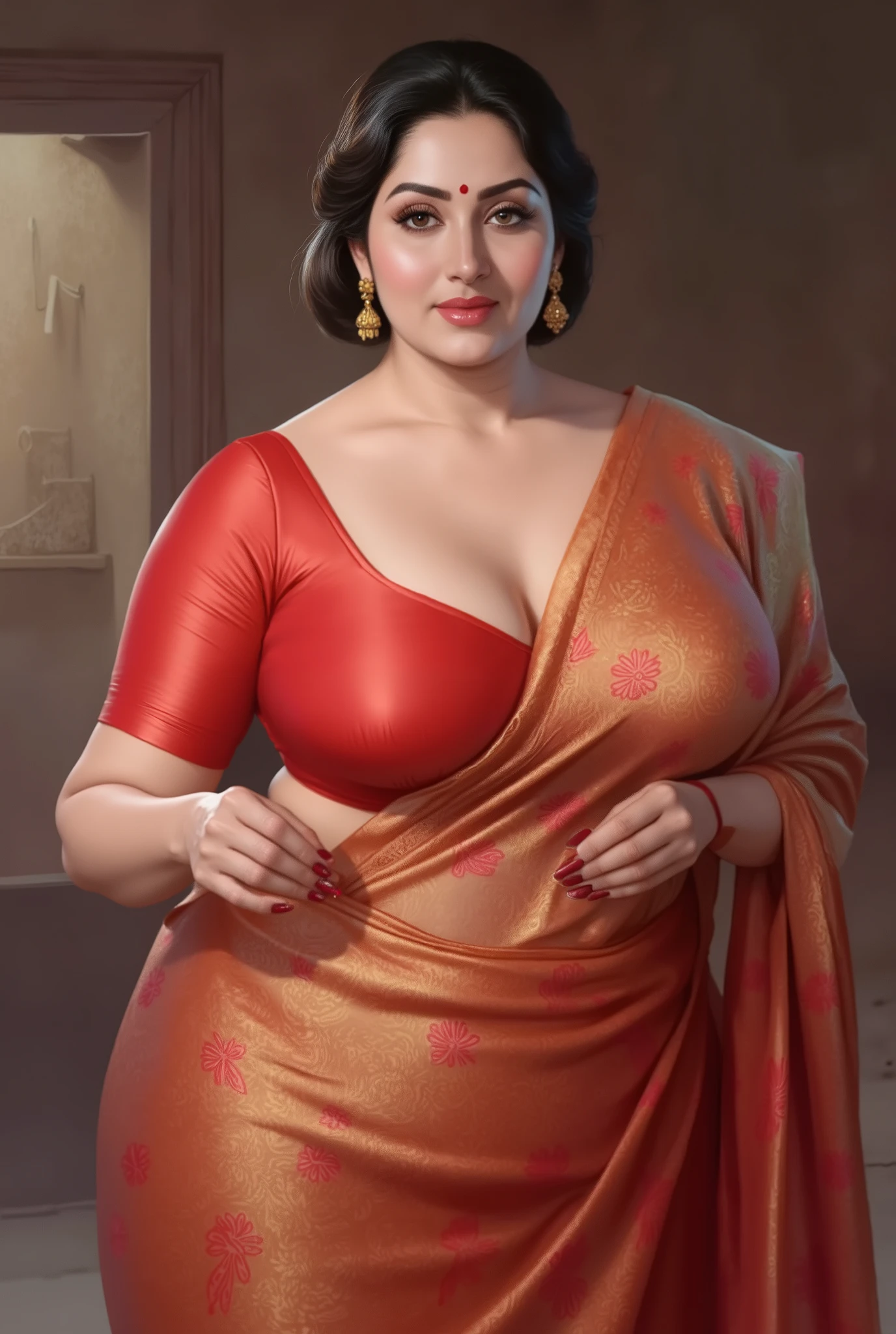 (Centered composition, cinematic lighting, detailed background) — A high-resolution, ultra-detailed painting in the style of renowned Indian artist Manimala. POV, first person view, cowboy shot, The scene shows a graceful, curvaceous Indian woman around 45 years old, looking at the front viewer and at the camera, She wears a red bindi, delicate gold earrings, and a traditional low bun hairstyle with dark, glossy hair parted slightly off-center. The bun is neatly coiled at the nape of the neck, giving an elegant and composed appearance. A few soft, loose strands fall naturally around her temples and cheeks, gently framing her face. The hair has a healthy sheen, appearing well-groomed yet effortlessly graceful, adding a romantic, slightly tousled charm to her traditional look.
, ((best quality)), ((masterpiece)), (detailed), realistic, hot and sexy Indian woman having massive boobies and thick thighs, voluptuous figure, curvy body, wearing frock, wearing short dress, Indian style dress, silk dress , floral design dress, red and gold ornate dress, short hair , full covered body