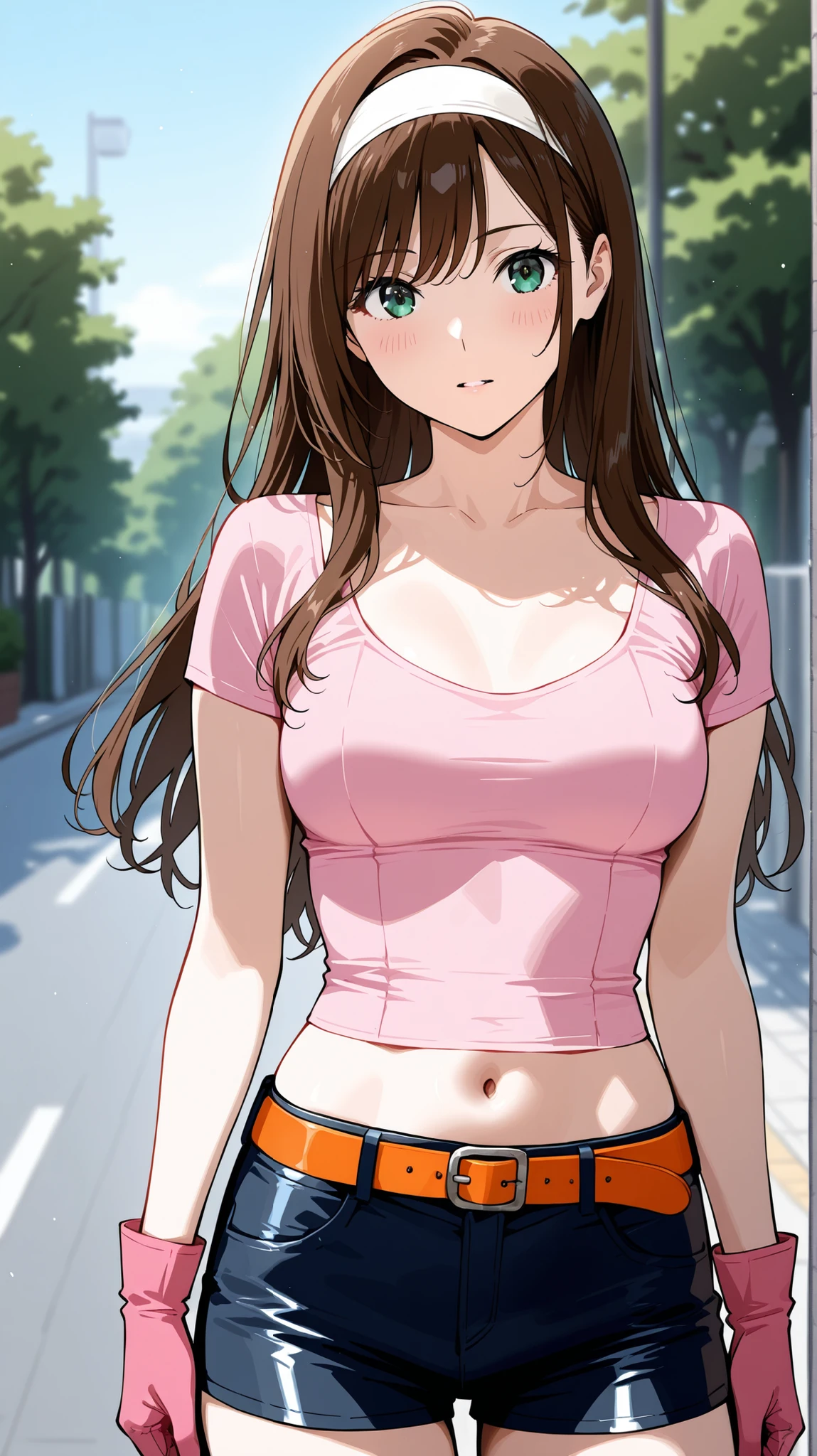 Half-body view of a beautiful adult woman with long brown hair and full spiky bangs, green eyes, medium chest, wear a white hairband, wear a fit pink shirt with short-sleeves and scoop neck, dark blue leather shorts with orange belt, pink gloves, her shirt is cut to expose her midriff with deep navel, dynamic standing pose, front view, outdoor background