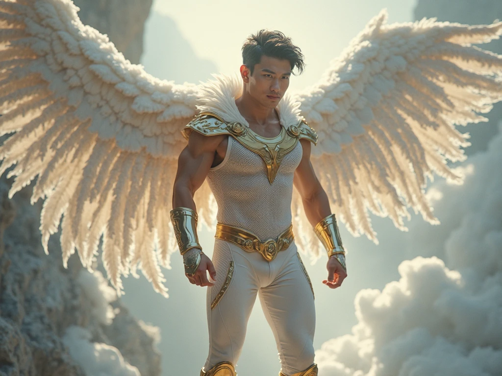 super high resolution, best quality, photo, 4k, (photorealistic: 1.4), cinematic lighting, full naked male angel with large translucent wings, expose the penis, huge penis, errected, shirtless naked muscular man, abdominal muscles dressed in medieval gold armor, detailed feathers, men angel with large translucent wings, muscular , abdominal muscles clad in medieval gold armor, detailed feathers, environment cyberpunk, snow and ice environment in the background, ice cathedral, portal of the future, 3D light, HD, magic, god of light, backlighting, detailed face, inspirited by Li Xian, Leo Wu, contrasts, smooth skin, soft hands, correct anatomy, five fingers. focus on the penis
