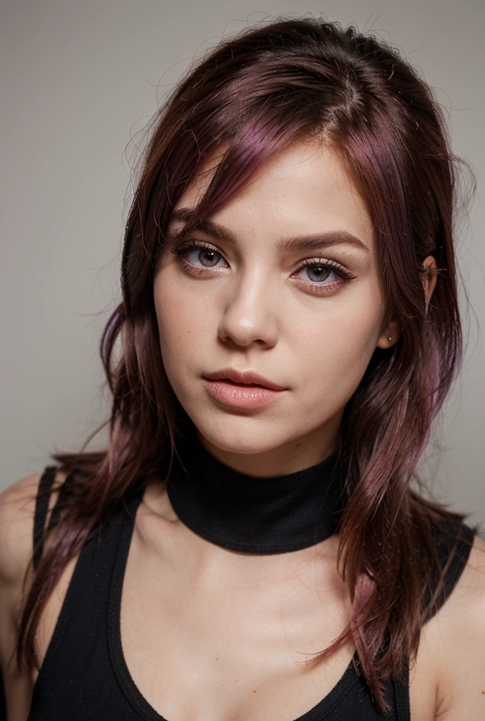 dominant idol, (Neon red hair), labios rojos llenos, brillo de labios, Mira a la camara, cara detallada, ojos oscuros, Dramatic eyelashes, pechos medianos, sonrisa, collar grande y brillante, pulseras grandes y brillantes, (sexy hentai vestido de cuero negro), (retrato), (pose sexy hentai), (luz de fondo suave), (Front light on the face to emphasize the expression.)