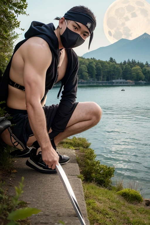 raw photo , 8K, ultra detailed, (realistic:1.2), (1man, ninja, mask:1.6), (jumping:1.5),(sea:1.5),