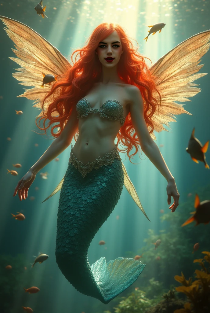 photo, stunner beauty, big boobs, orange winged mermaid, red foxy hair, unified mermaid tail, sitting on a rock