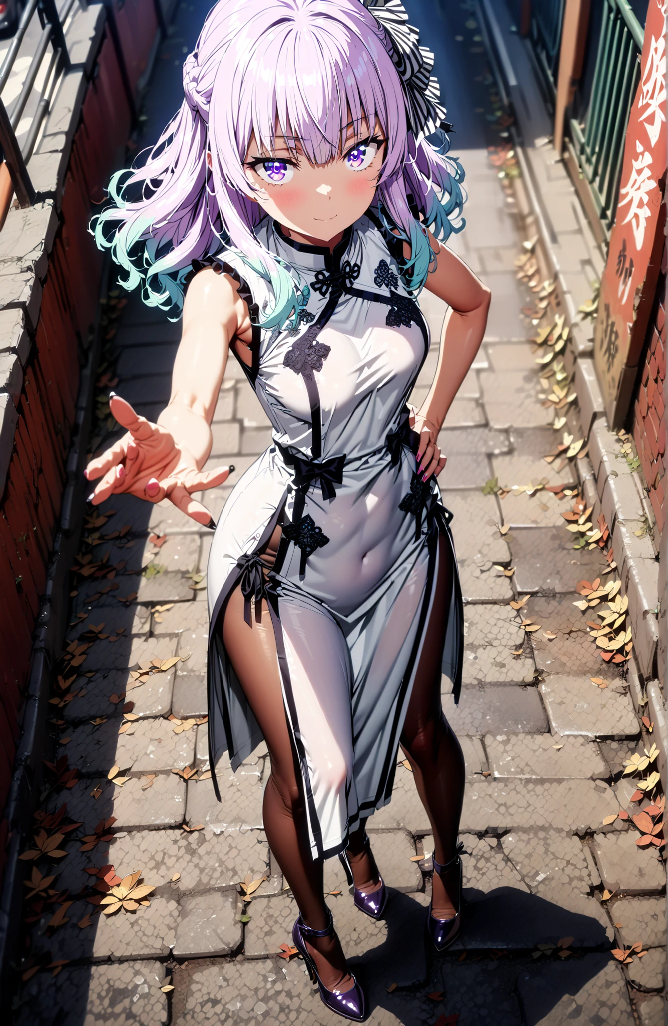 Sakayanagi Alice, long hair, solo,bungs, PURPLE EYES, white hair, blunt bungs,White Chinese clothing,long slit,sleeveless,black pantyhose,pin heels,standing,Grab your hips with your right hand,smile,blush,mouth,angle from below,full bodyがイラストに入るように,in their 40s looking at viewer,full body,
in their 40s outdoors,Chinatown,
in their 40s (masterpiece:1.2), best quality, high resolution, Unity 8Kの壁紙, ( illustration :0.8), (beautiful detailed eyes:1.6), Highly detailed faces, perfect lighting, very detailed CG, (perfect hand in h, perfect anatomy),