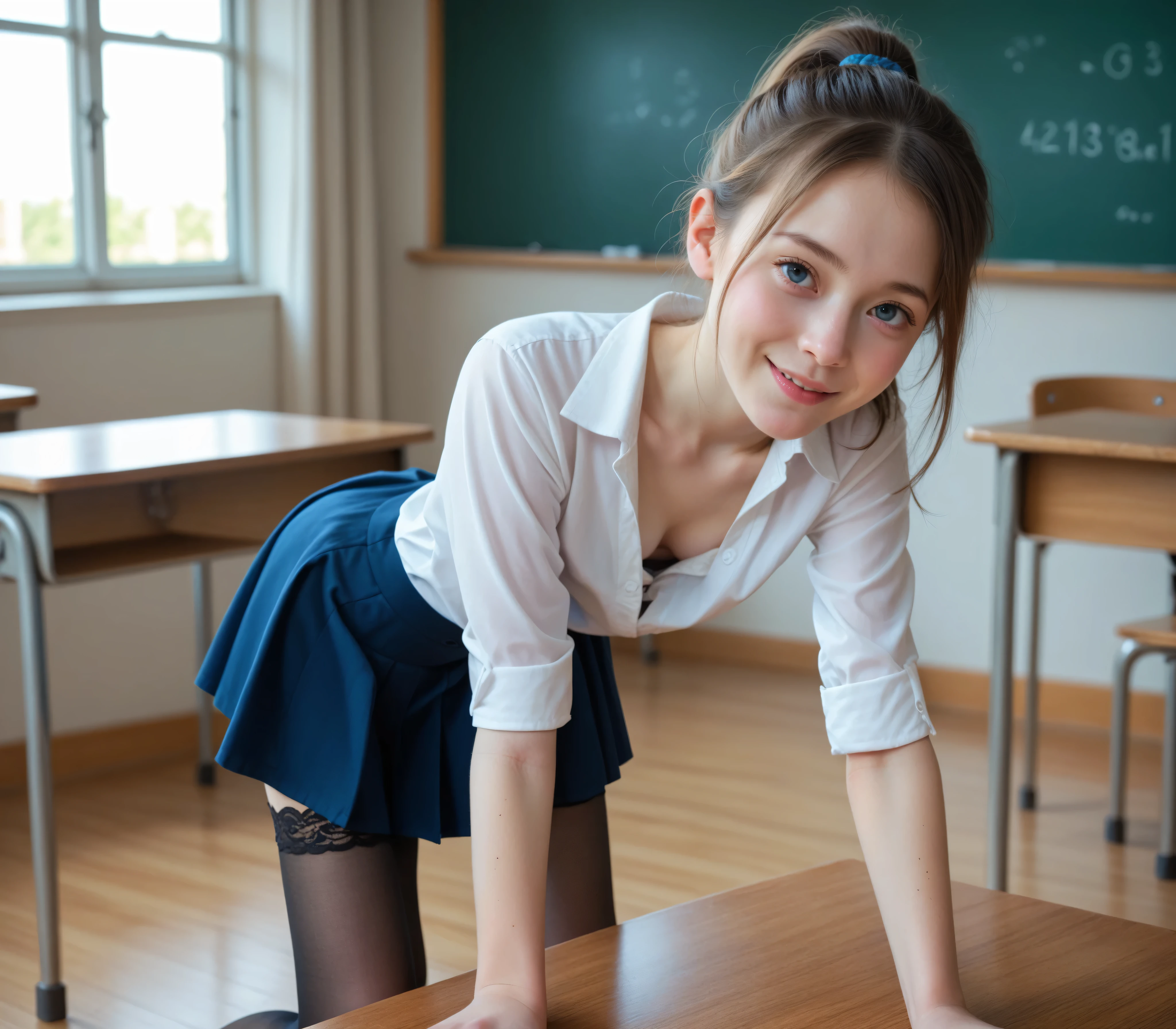16k,4K,8k,かわいい young女の子,are slender,short,(skinny:1.3),symbol body,( young:1.5),white blouse, Navy Blue Skirt ,realistic,masterpiece,Japanese,has narrow shoulders,Black Lace Stockings, in the classroom, slouching forward、get on all fours,Chest,ponytail,(smile:0.5)rating_explicit