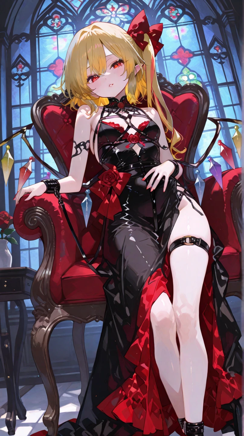Woman, sexy, gorgeous, hot, pretty, long blonde hair, scarlet red eyes, tight red ballgown, seductive pose, seductive look, red shoes