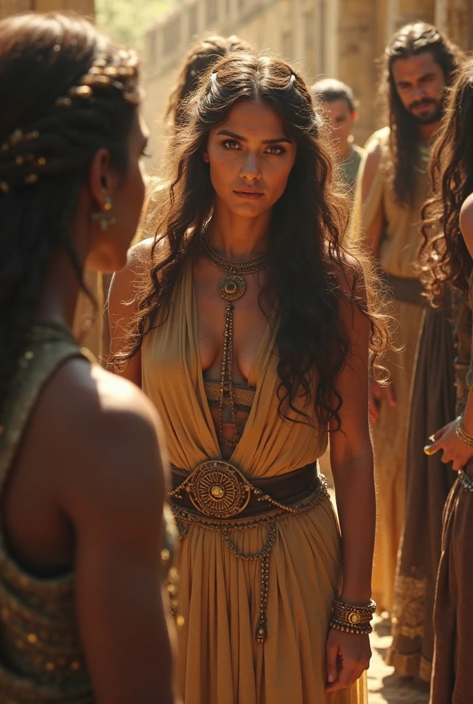 Women"Voluptuous and mysterious priestess meditating in an enchanting landscape near a waterfall, Dressed in a sacred robe and adorned with tattoos and piercings and an iron man helmet that covers her face, framed by a magnificent Hindu temple. The image is an ultra-realistic representation captured in stunning detail.."