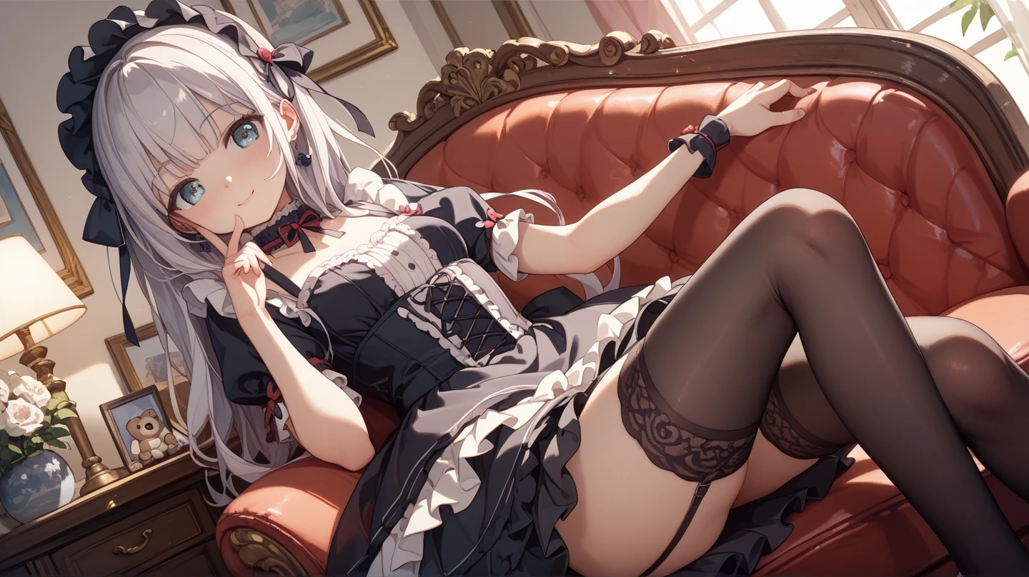 A woman is standing on the floor wearing a gothic lolita dress, alone, panties, underwear, skirt, (shiny dark red satin panties:1.3)、panties that cover the butt、garter belt, Liar, Thighhighs, skirt lift, think back, realistic,cute anime girl,Ideal Style,open leg,focus on butt,crawl on all fours,Highest image quality,Turn around with a serious face,long silver twintails,Lace see-through fabric,Tokizaki Kurumi