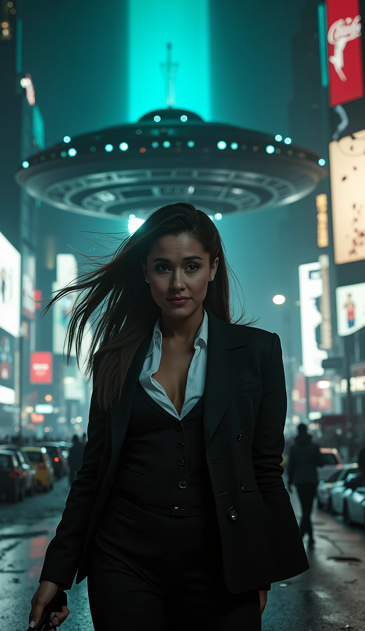 (low-angle perspective:1.6), (medium-shot:1.8), fearless FBI agent in black suit (voluptuous cleavage, white V-neck blouse), FBI badge on hip, gripping iPhone 15 Pro Max and tactical flashlight enlighted, (hyper-realistic facial details:1.6), (wind-blown hair:1.4), (confident smirk:1.5), intense eye contact with viewer, apocalyptic nighttime Times Square, TOTAL DESTRUCTION: shattered skyscrapers with glass shards raining down, overturned burning cars, cracked asphalt with glowing lava-like fissures, destroyed Coca-Cola billboard (neon letters sparking), Nintendo ad glitching with pixelated Mario, Apple logo split by turquoise beam, M&Ms sign melted, (INDEPENDENCE DAY MOTHERSHIP:1.8): colossal saucer-shaped alien warship (city-sized, black armored hull with glowing blue hexagonal patterns, massive energy cannon underneath), turquoise annihilation beam vaporizing buildings and illuminating the model from behind (dramatic backlighting, silhouette effect), falling debris, ash clouds, fiery explosions, hyper-detailed textures (8K), cinematic sci-fi realism, (((keep the exact face, hair and height details of the selected LoRA))), (((keep the typical hairstyle of the selected LoRA))), no stylization, (((smile)))