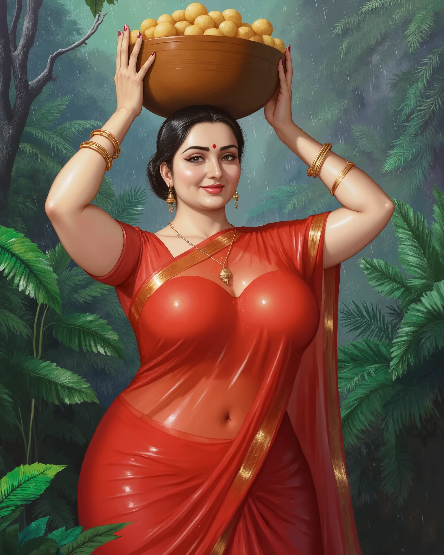 ((Centered composition, perfect framing, no cropping, full body)), a high-quality semi-realistic painting by renowned artist Manimala, depicting a beautiful, hourglass-figure, Indian woman around 45 years old, radiating the graceful allure and quiet confidence of mature femininity. She stands facing the viewer in a serene rainforest, where soft rain falls gently around her. Her hourglass-figure is accentuated by a soaked, thin, and full transparent red sari that drapes fluidly around her form through which her nipples are visible, the rain-soaked fabric softly reveals the contours of her body beneath, rendered with tasteful artistic detail.
Her expression is both serene and subtly teasing, with a gentle, closed-mouth smile and eyes that sparkle with flirtatious charm. Her mature, expressive face is framed by a neat, traditional low bun with a few damp strands escaping. She wears a red bindi and delicate gold jewelry—earrings, bangles—that shimmer slightly in the misty light.
She balances a large wooden bowl brimming with golden laddoos atop her head using both hands, standing in a confident, sensual pose. Rain glistens softly on her sari and skin, while filtered rainforest light casts warm highlights and gentle shadows, enhancing the painting’s rich texture and depth.
((Verdant rainforest setting, soft painterly rainfall, stylized lighting, oil painting aesthetic, brushstroke texture, mythic realism, semi-realistic art style, rich colors, atmospheric depth, mature beauty, goddess-like poise, cinematic composition, soft focus, fantasy elegance))