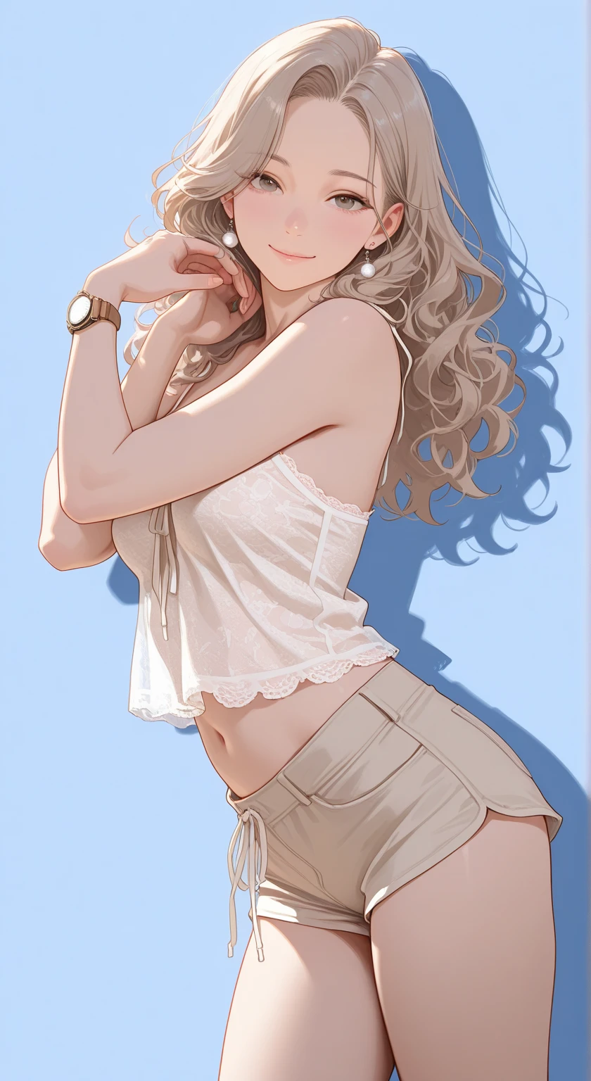 1womanl,Golden head hair, ,((Impatient expression)),Beautiful breasts,((White Tube Top T-Shirt,denim short pants)),slender style,,(Facing the front)(((Blushing cheeks、Surprised look)),(((Braids))),((( ((Open your legs wide)))))Frameless glasses,Blue eyes,(((Bangs are aligned)))((Close-up from directly below))(((Panties can be seen through the gap in the shorts)))