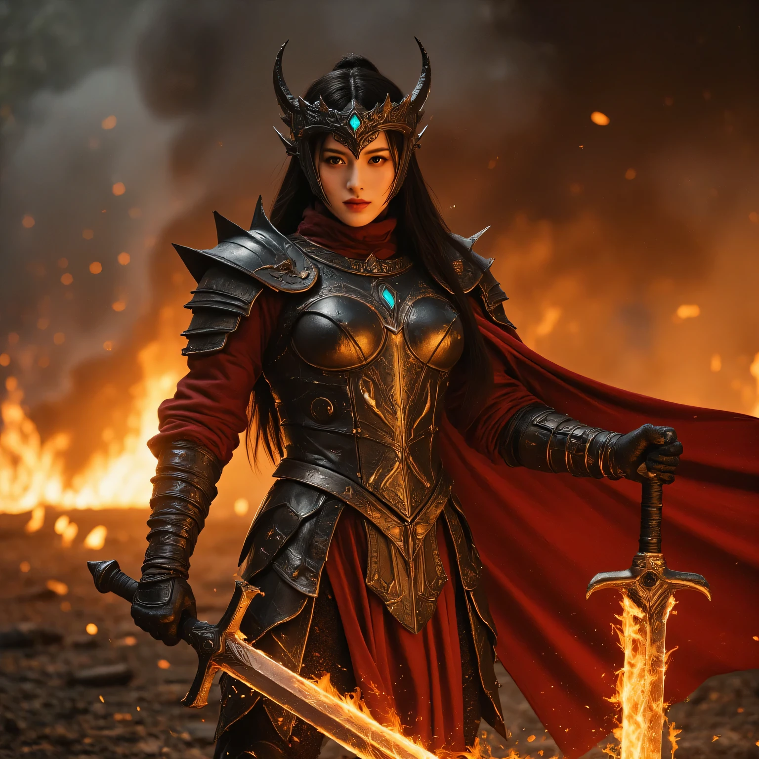 A hyper-realistic cinematic photo of a powerful female warrior standing amid flames and smoke, set in a fantasy battlefield. She is approximately 1.80 meters tall, with a commanding presence and long flowing black hair. Her face is beautiful yet fierce, with sharp features and piercing eyes that glow subtly. She wears dark, intricately designed medieval armor with a deep crimson and black color scheme, including spiked pauldrons, engraved chestplate, and a long flowing red cape that flutters in the heat of the surrounding fire. On her head, she wears a menacing horned crown made of blackened steel and adorned with a glowing blue gem in the center. She holds a large, flaming sword emitting molten sparks and embers, which illuminate her armor and cast realistic, dramatic lighting on her body and surroundings. The background is a blaze of orange fire and thick smoke, with falling ash particles and scorched debris. The photo should look like it was captured with a high-end camera lens, with sharp focus on the subject, realistic shadows, skin textures, glowing light reflections, and atmospheric depth. The style should feel like a scene from a live-action fantasy film with epic visual effects.