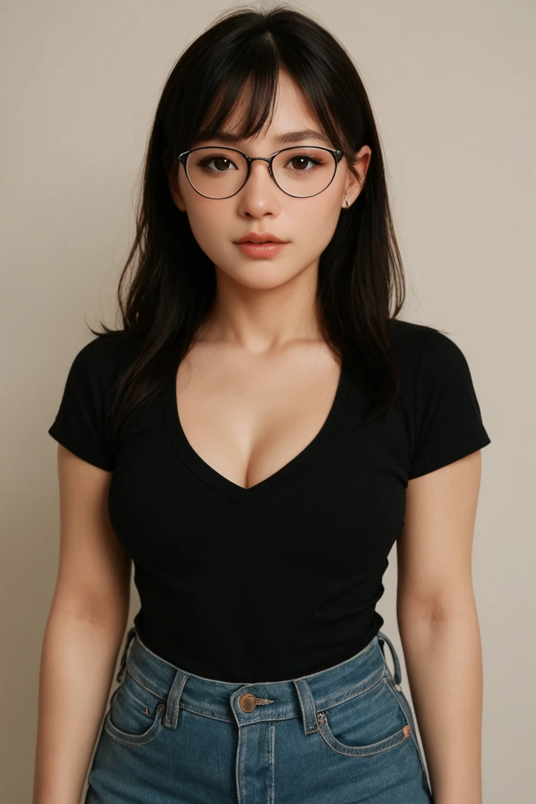 Best Quality, Masterpiece, Beautiful and Aesthetic, 16K, (HDR: 1.4), High Contrast, Bokeh: 1.2, Lens Flare, (Vivid Colors: 1.4),cinematic lighting,depth of field, film lighting, ambient light, side light, exquisite details and textures, cinematic lens, warm tones, (bright and intense: 1.2), wide-angle lens, hyper-realistic, (knee-length view), BREAK 1 girl,Japanese,22 yo,beautifull detailed face,A smile with a little visible teeth,(Slender body:1.5),((Wearing a cardigan)),pastel clothing, ((Have a small handbag)), Beautiful detailed skin,Skin Texture,Floating hair,((fluffy hairstyle)),Black semi-long wavy hair, saggying breasts with good shape,(cleavage),((Black square glasses)),cheerful pose,day,daylight,outdoor,braless,