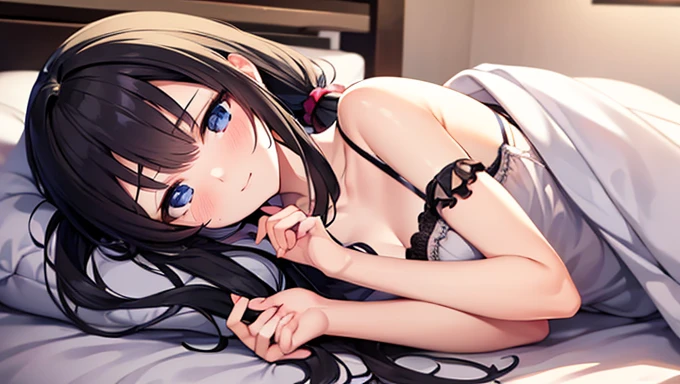 masterpiece, best quality, illustration, highly detailed, misakiao, hair ribbon, beautiful detailed eyes, light smile, blush, lace bra, (lying down), from above, bed