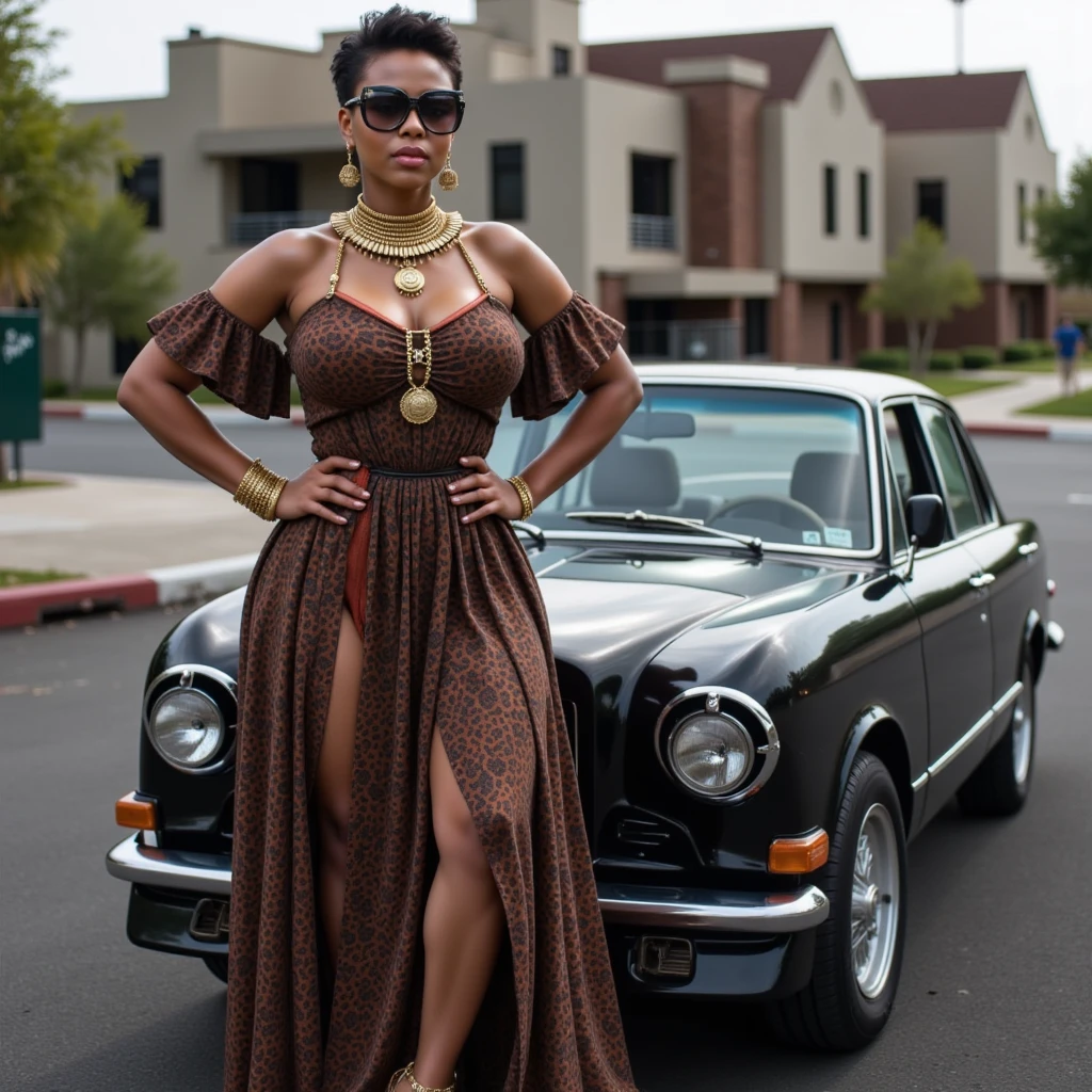 5 foot 4 inch young chubbt
latin woman with short gelled haircut wearing sunglasses and a big gold chain in a red one piece bathingsuit standing next to a black convertible 1989 trans am
with gold wire rims in 1989 miami street