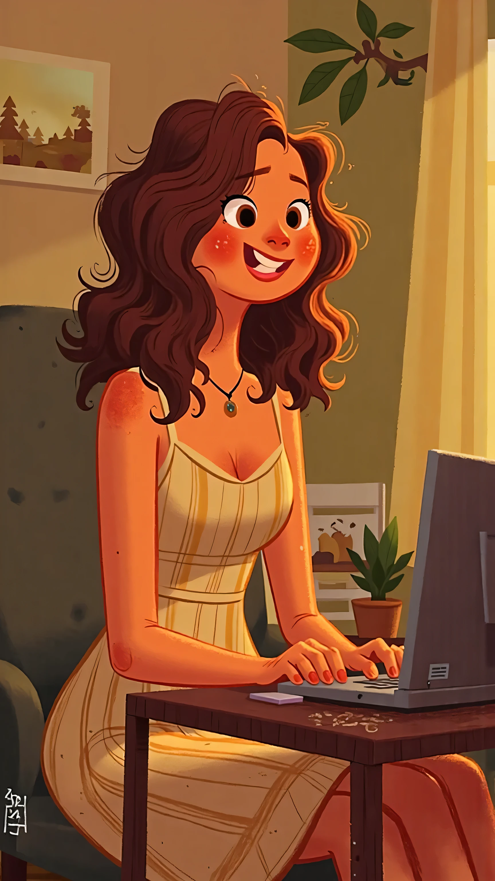 A stylish and elegant young woman（has long brown wavy hair that is naturally flowing，Brown eyes， yellow skin），Wear a sleeveless strappy sexy light beige plaid dress，At the desk，with a smile，Use your computer attentively。 in a soft chair ，The surroundings are very warm，The background is a simple bedroom。The whole picture is quiet and comfortable，suitable for relaxing。